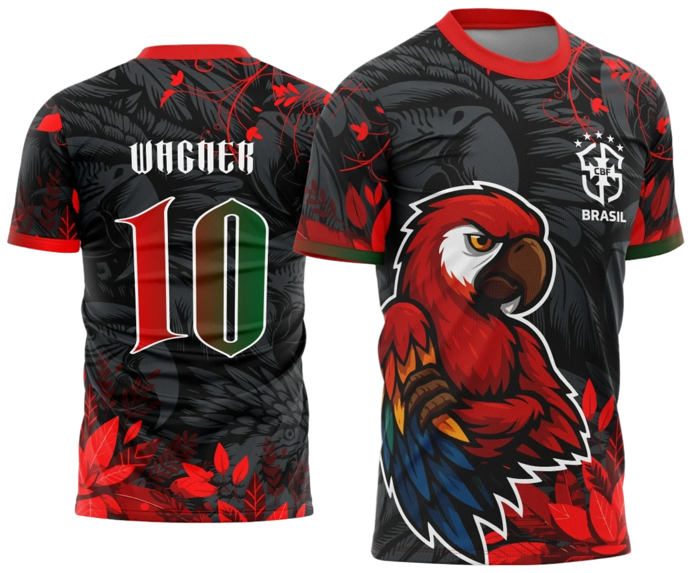 Camiseta unissex preta com logo no peito e estampa grande nas costas de Arara Vermelha no tema interclasse, design vibrante para eventos ou uso casual.