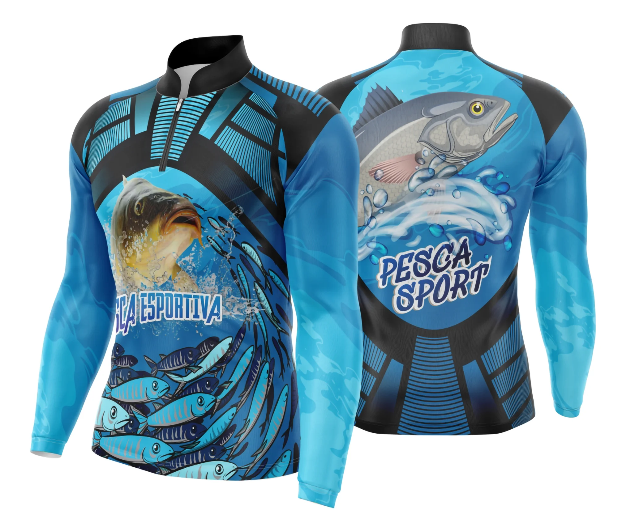 Camiseta unissex preta com logo no peito e estampa grande nas costas, tema pesca esportiva, ideal para aventura e lazer ao ar livre.