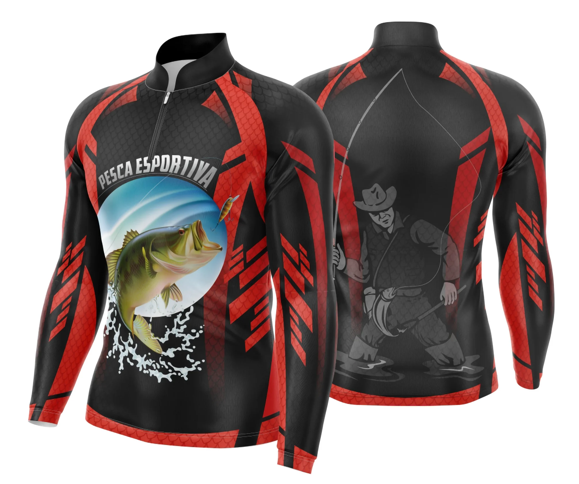 Camiseta unissex preta com logo no peito e estampa grande nas costas com tema de pesca esportiva, ideal para atividades ao ar livre e amantes do esporte.