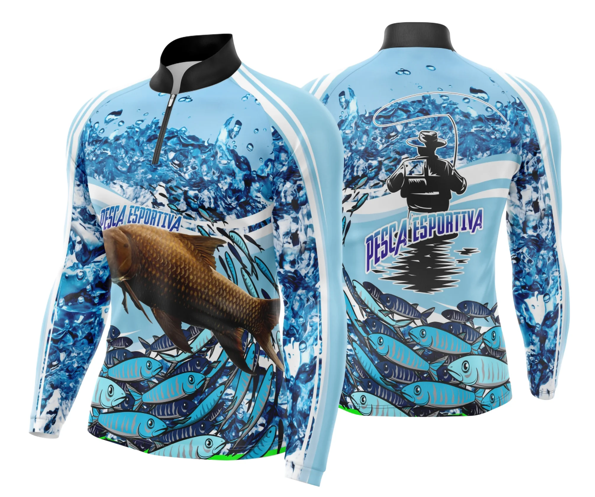 Camiseta unissex preta com logo no peito e estampa grande nas costas inspirada em pesca esportiva, ideal para momentos de lazer e aventura no estilo esportivo.