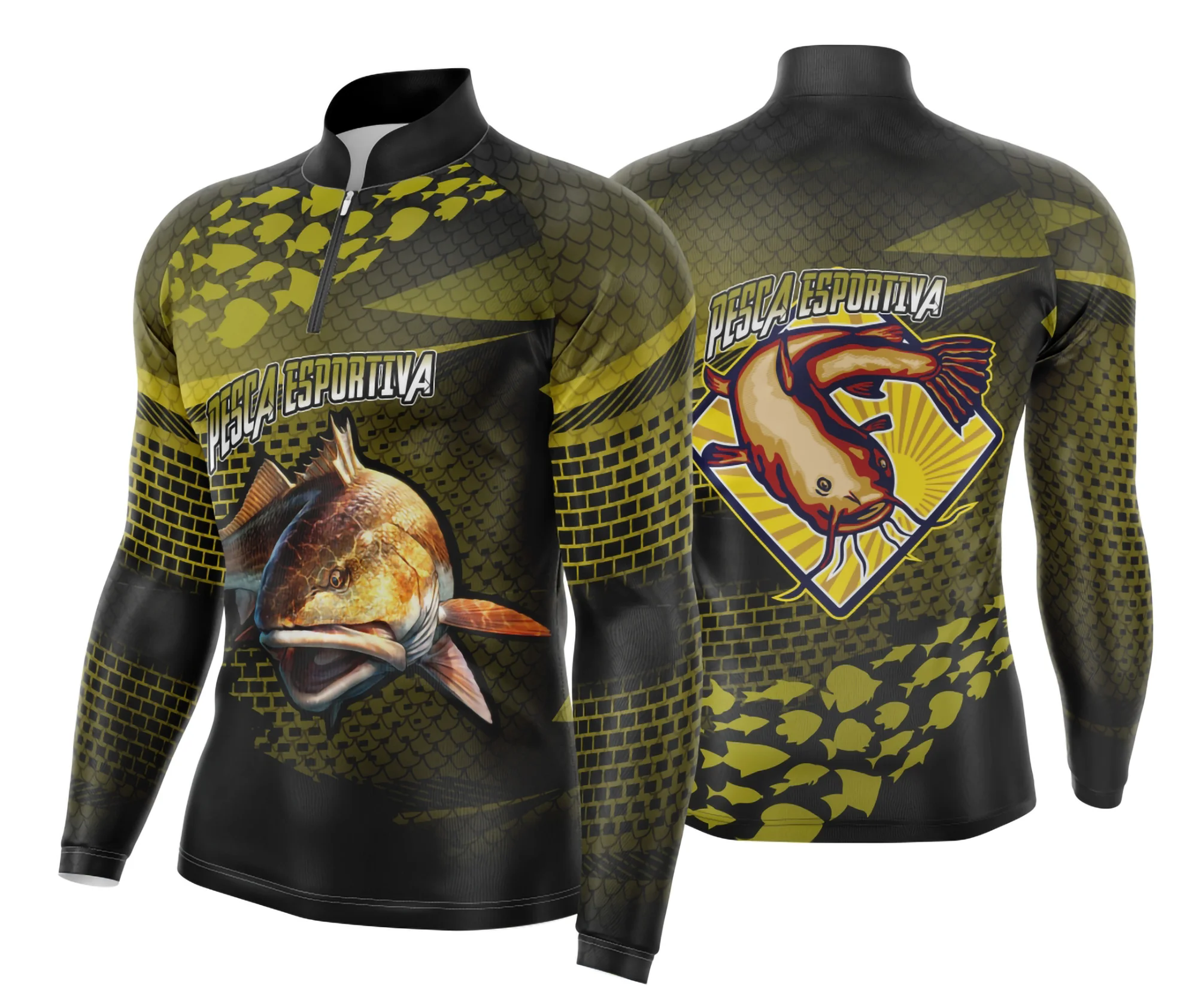 Camiseta unissex preta com logo no peito e estampa grande nas costas com tema de pesca esportiva, ideal para amantes do esporte, confortável e moderna.