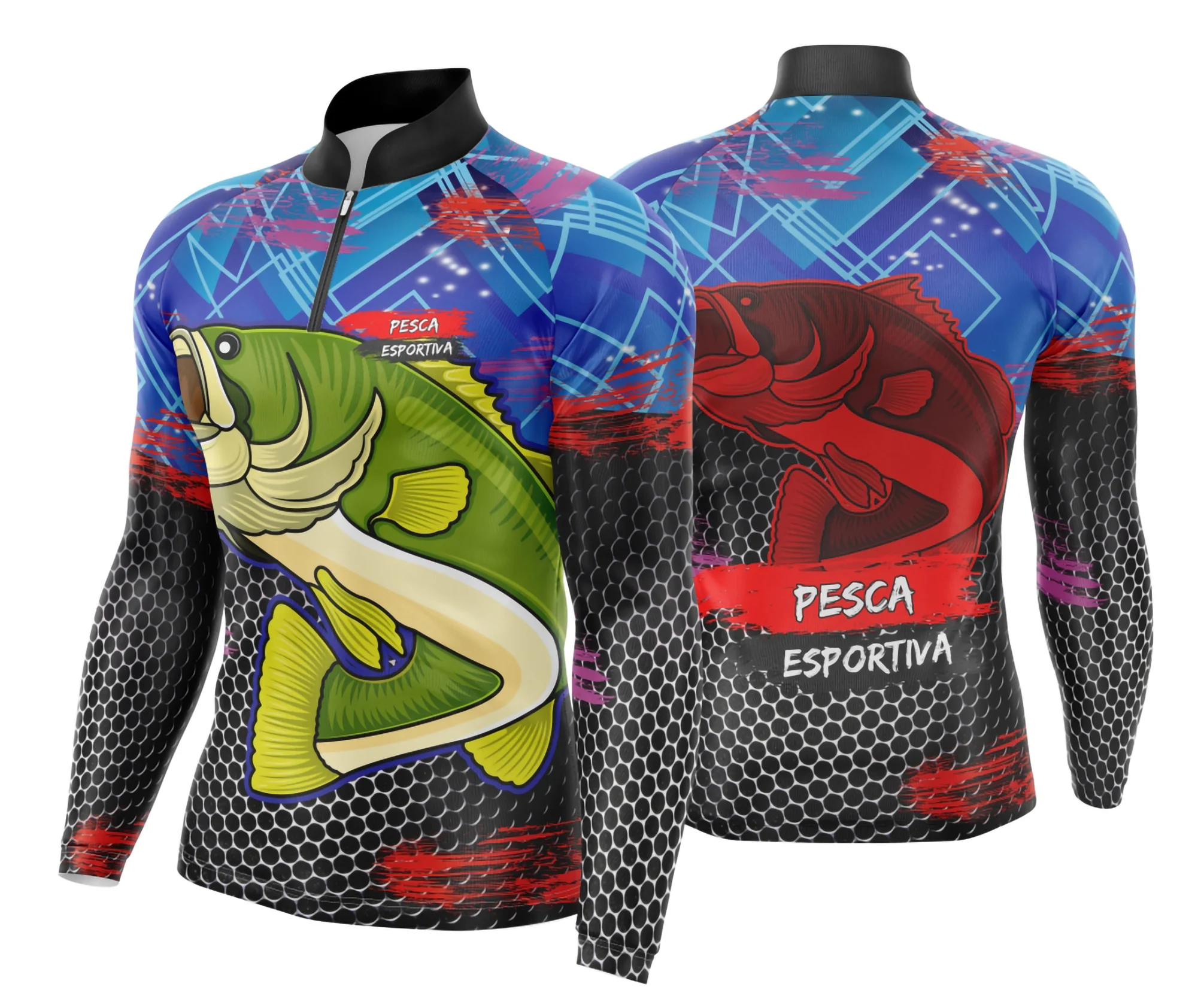 Camiseta unissex preta com logo no peito e estampa grande nas costas, com tema de pesca esportiva, ideal para quem ama aventuras ao ar livre.