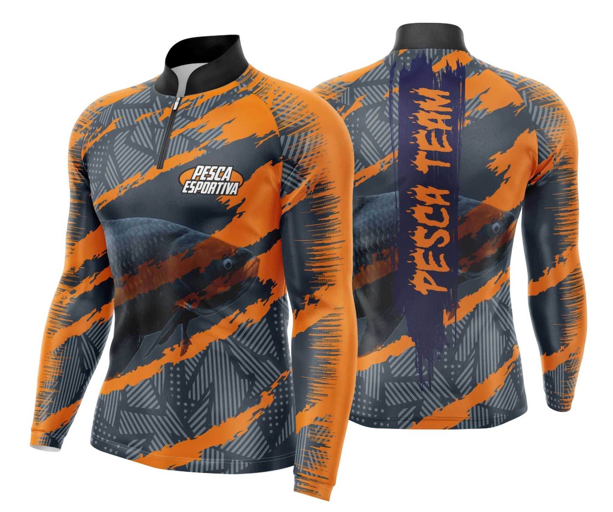 Camiseta unissex preta com logo no peito e estampa grande nas costas mostrando tema de pesca esportiva, ideal para quem ama atividades ao ar livre e conforto.