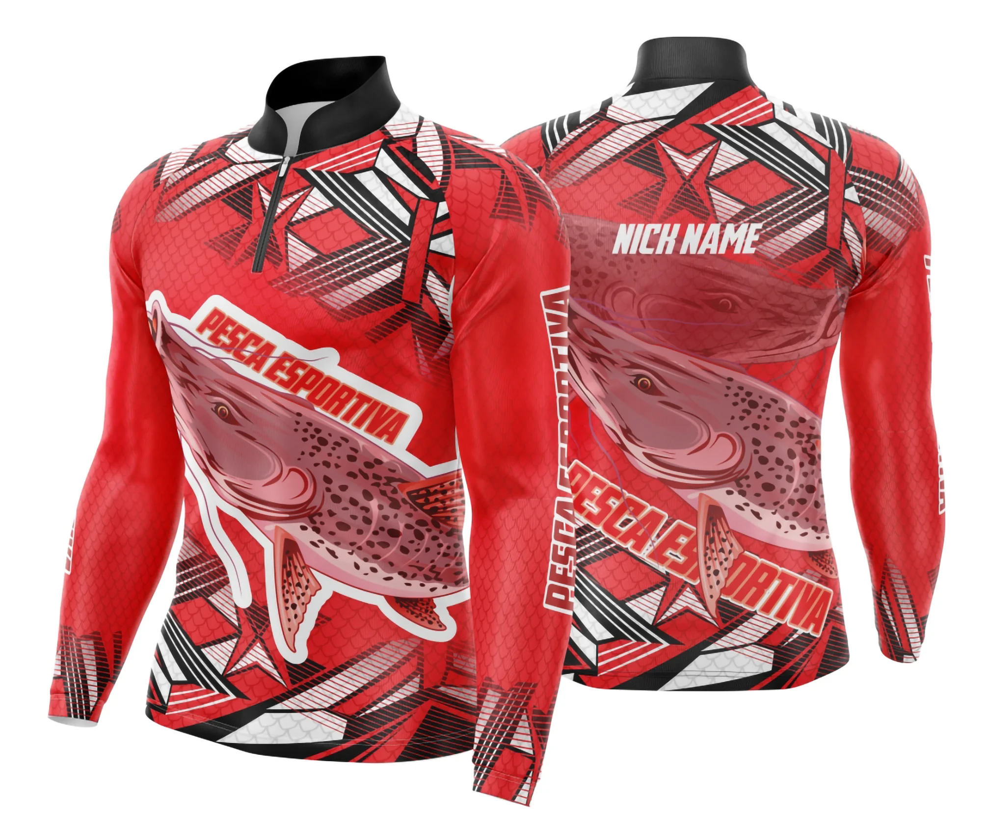 Camisa preta unissex com logo no peito e estampa grande nas costas, tema pesca esportiva, ideal para quem curte aventuras e conforto na pescaria