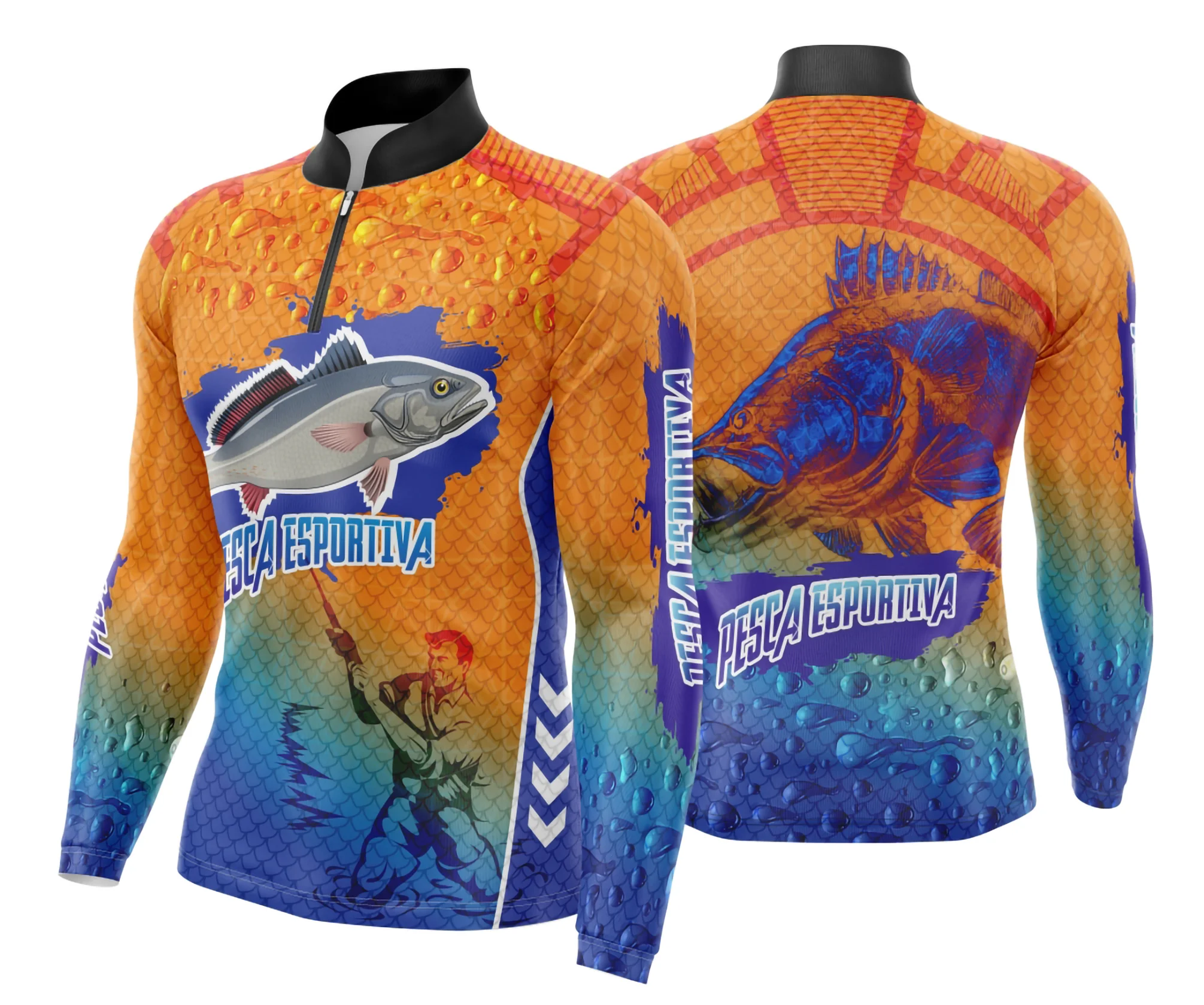 Camiseta unissex preta com logo no peito e estampa grande nas costas, tema pesca esportiva, design moderno e atraente para amantes da pesca.