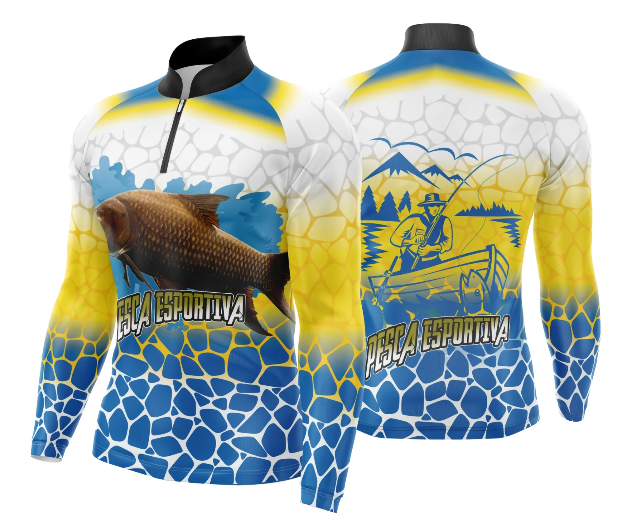 Camiseta unissex preta com logo no peito e estampa grande nas costas relacionada à pesca esportiva, ideal para momentos ao ar livre e conforto durante atividades.