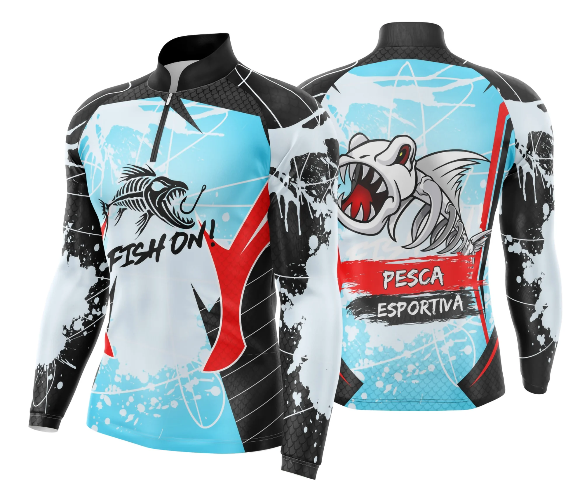 Camiseta unissex preta com logo no peito e estampa grande nas costas, tema pesca esportiva, perfeita para uso casual e prática de esportes ao ar livre.