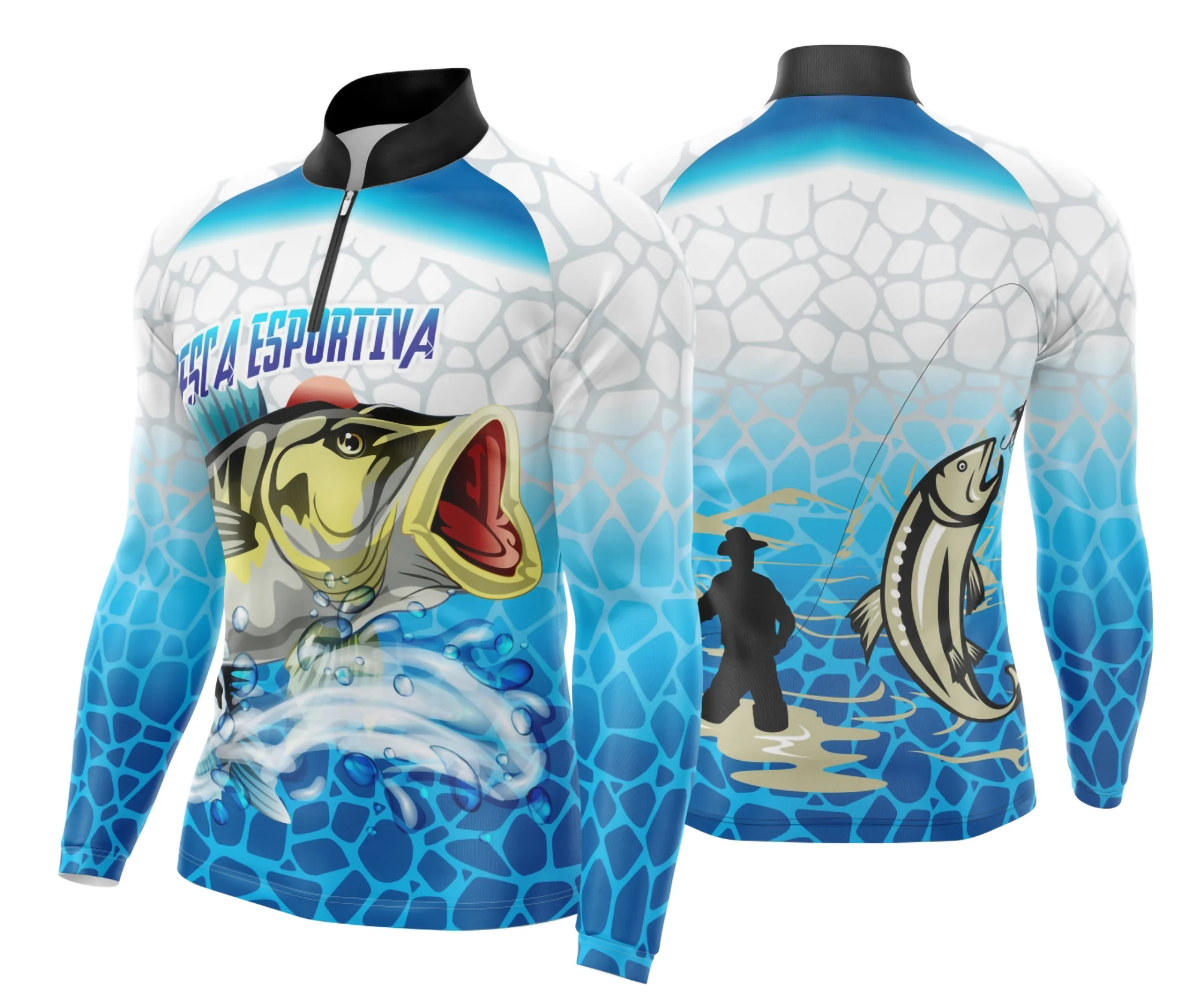 Camiseta unissex preta com logo no peito e estampa grande nas costas, mostrando o tema de pesca esportiva de forma vibrante e moderna.