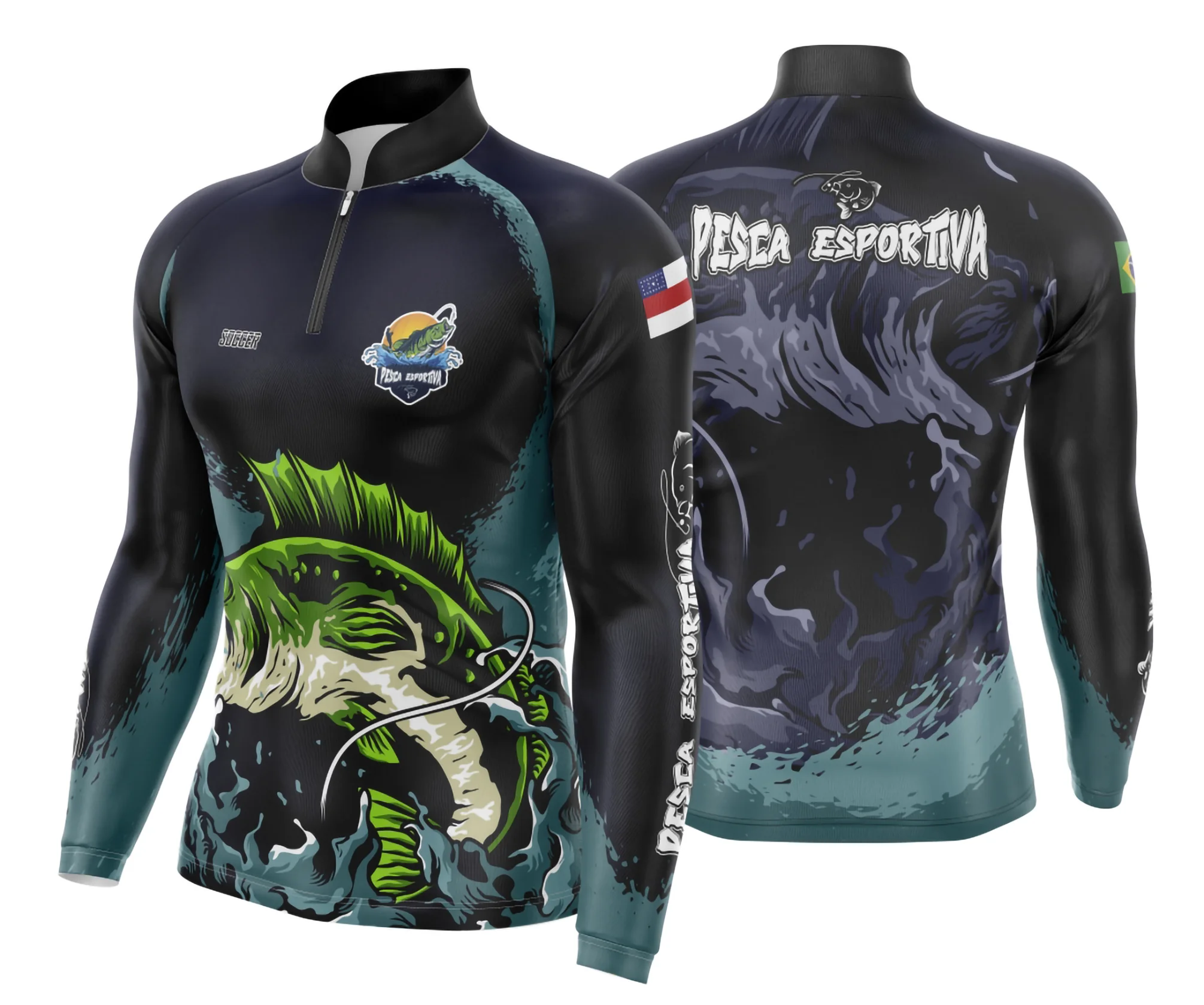 Camiseta unissex preta com logo no peito e estampa grande nas costas, estilo pesca esportiva modelo 03, ideal para uso casual e atividades ao ar livre.