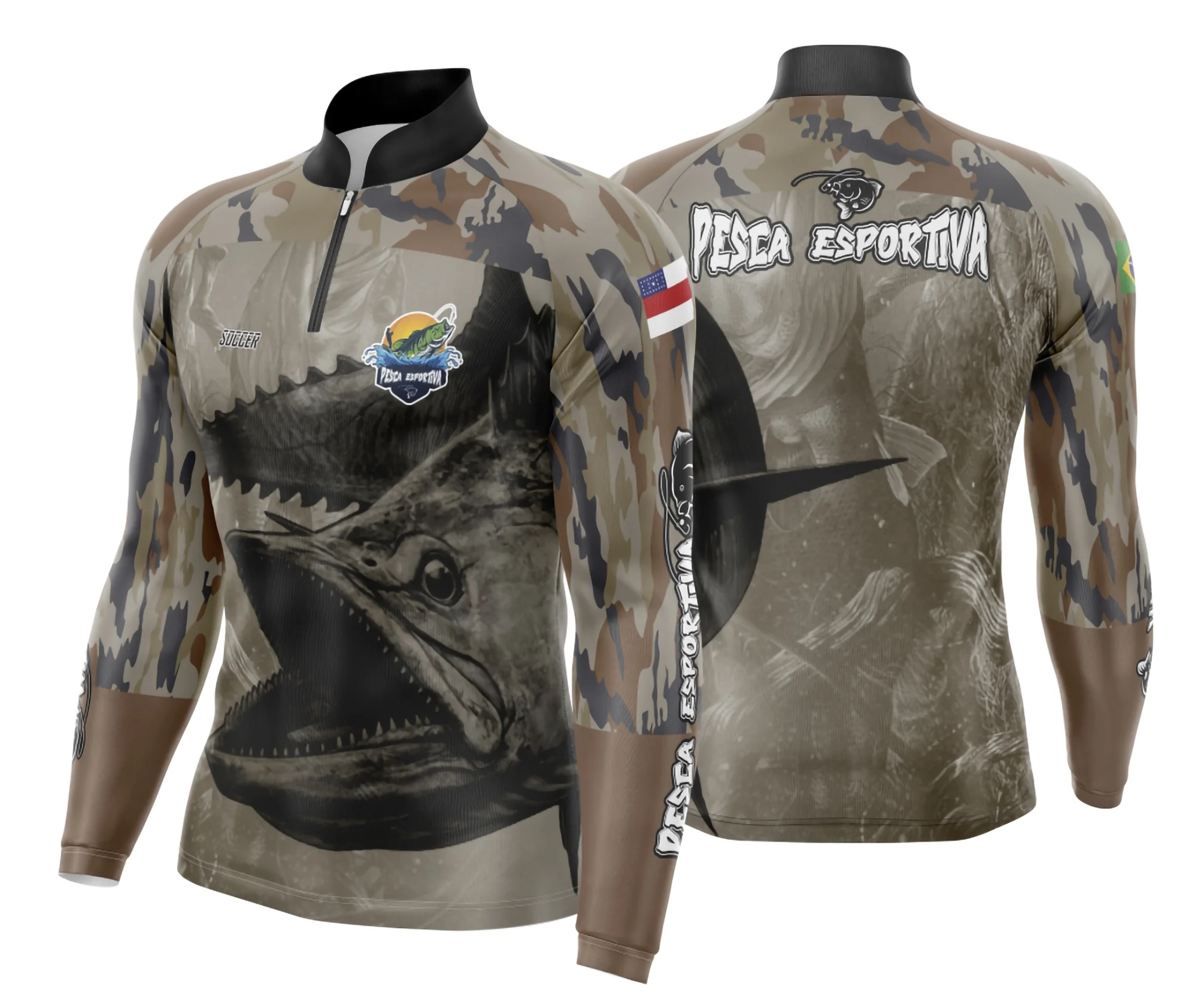 Camiseta unissex preta com logo no peito e estampa grande nas costas relacionada a pesca esportiva, modelo 06, ideal para momentos de lazer e aventura ao ar livre.