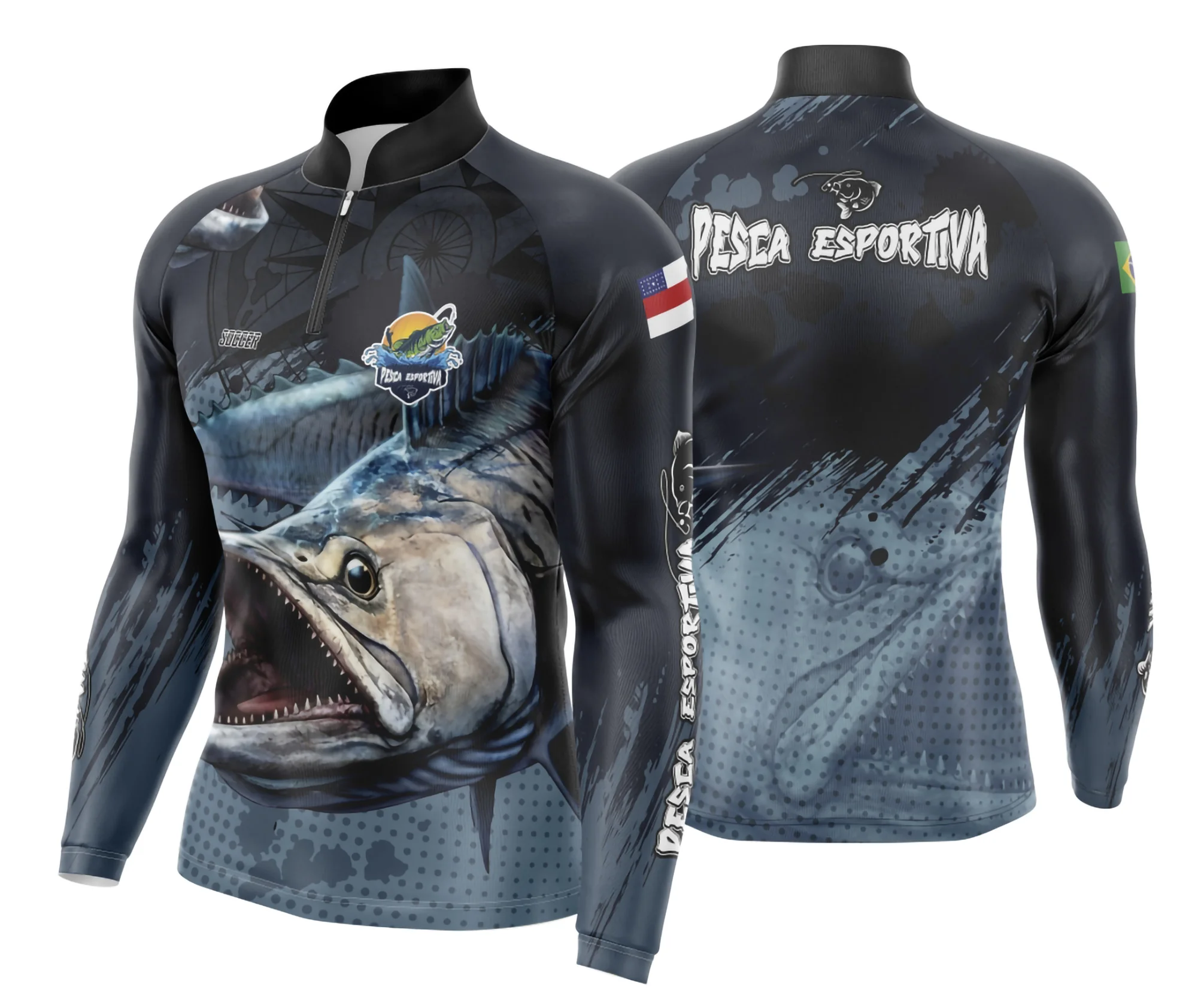 Camiseta unissex preta com logo no peito e estampa grande nas costas com tema de pesca esportiva, ideal para quem ama aventura e natureza.