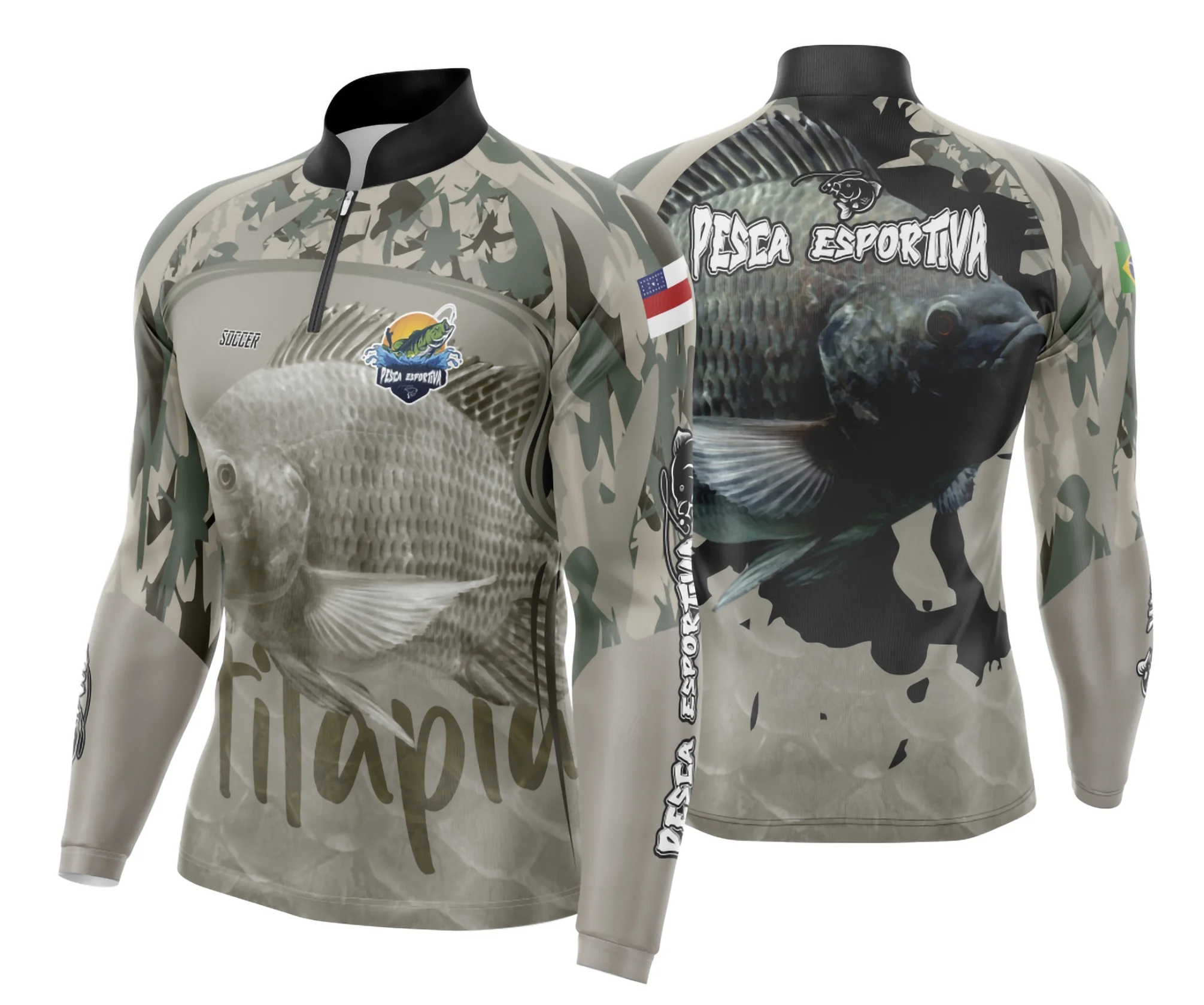 Camiseta unissex preta com logo no peito e estampa grande nas costas de pesca esportiva, modelo 11, perfeita para aventuras ao ar livre durante o dia.