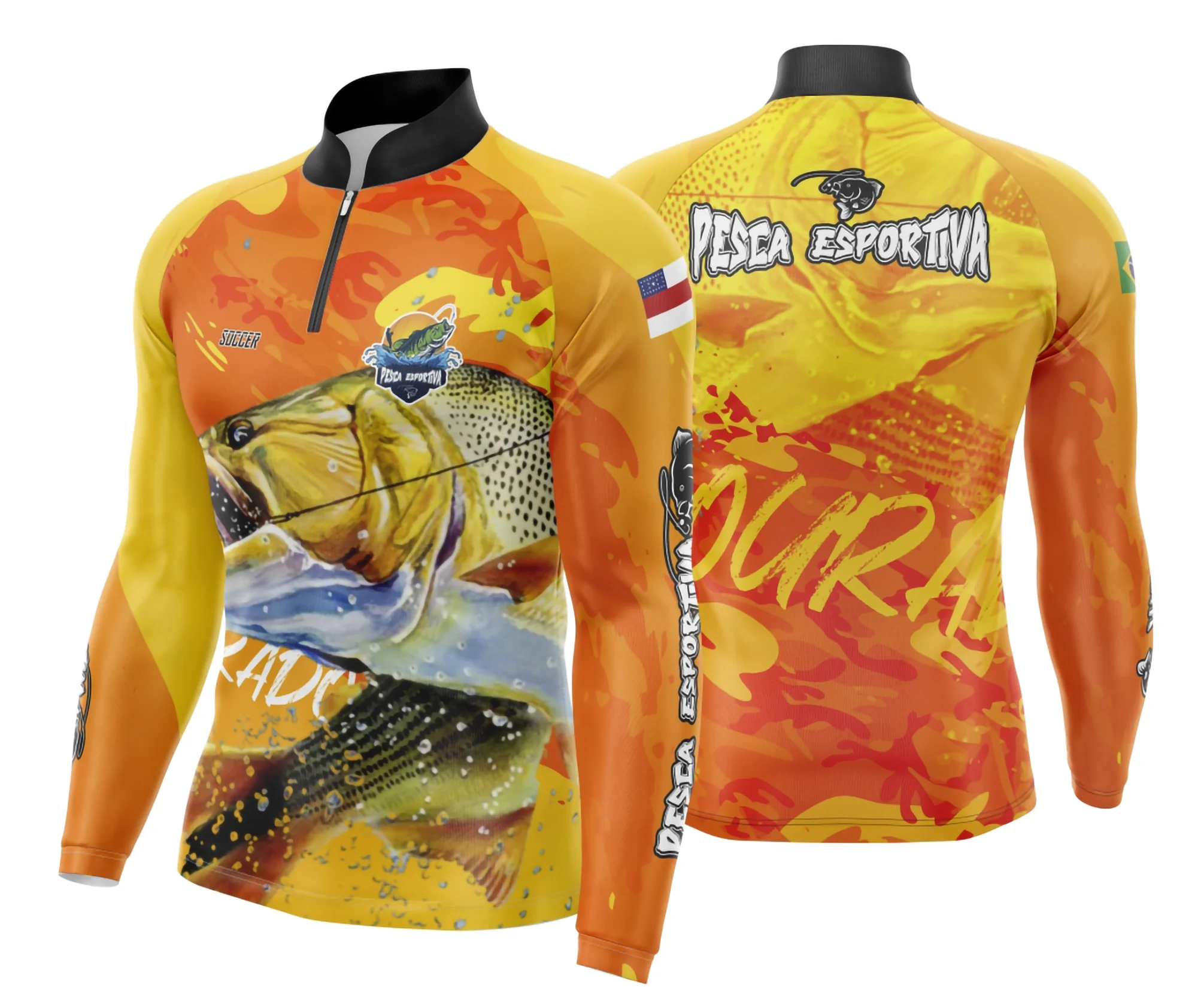 Camiseta unissex preta com logo no peito e estampa grande nas costas, estilo pesca esportiva, visual moderno e confortável para amantes do esporte.