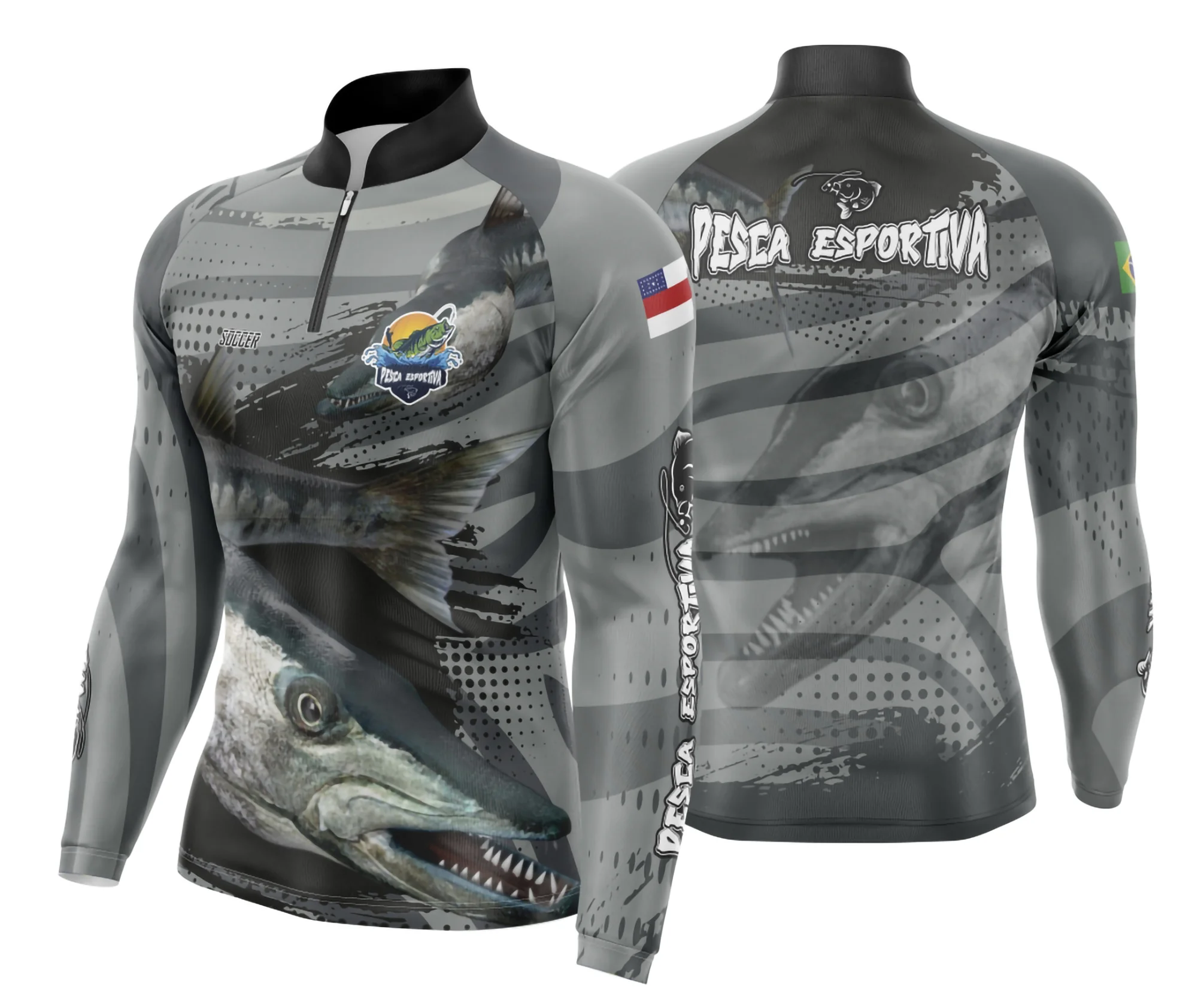Camiseta unissex preta com logo no peito e estampa grande nas costas com tema de pesca esportiva, ideal para aventureiros e apaixonados por pesca.