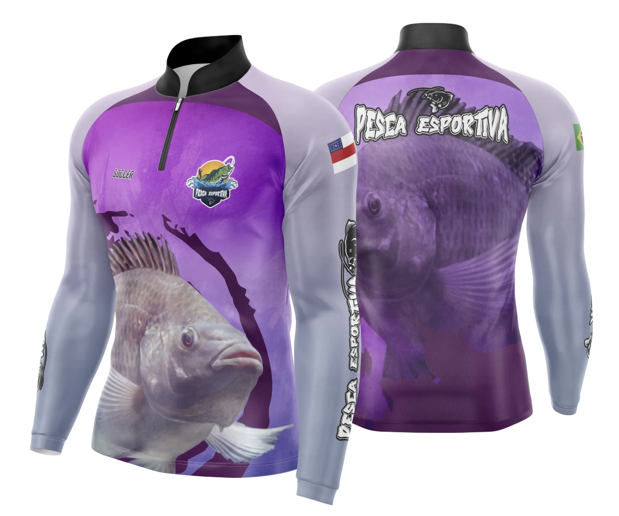 Camiseta preta unissex com logo no peito e estampa grande nas costas com design inspirado em pesca esportiva Modelo 18, ideal para fãs do esporte.