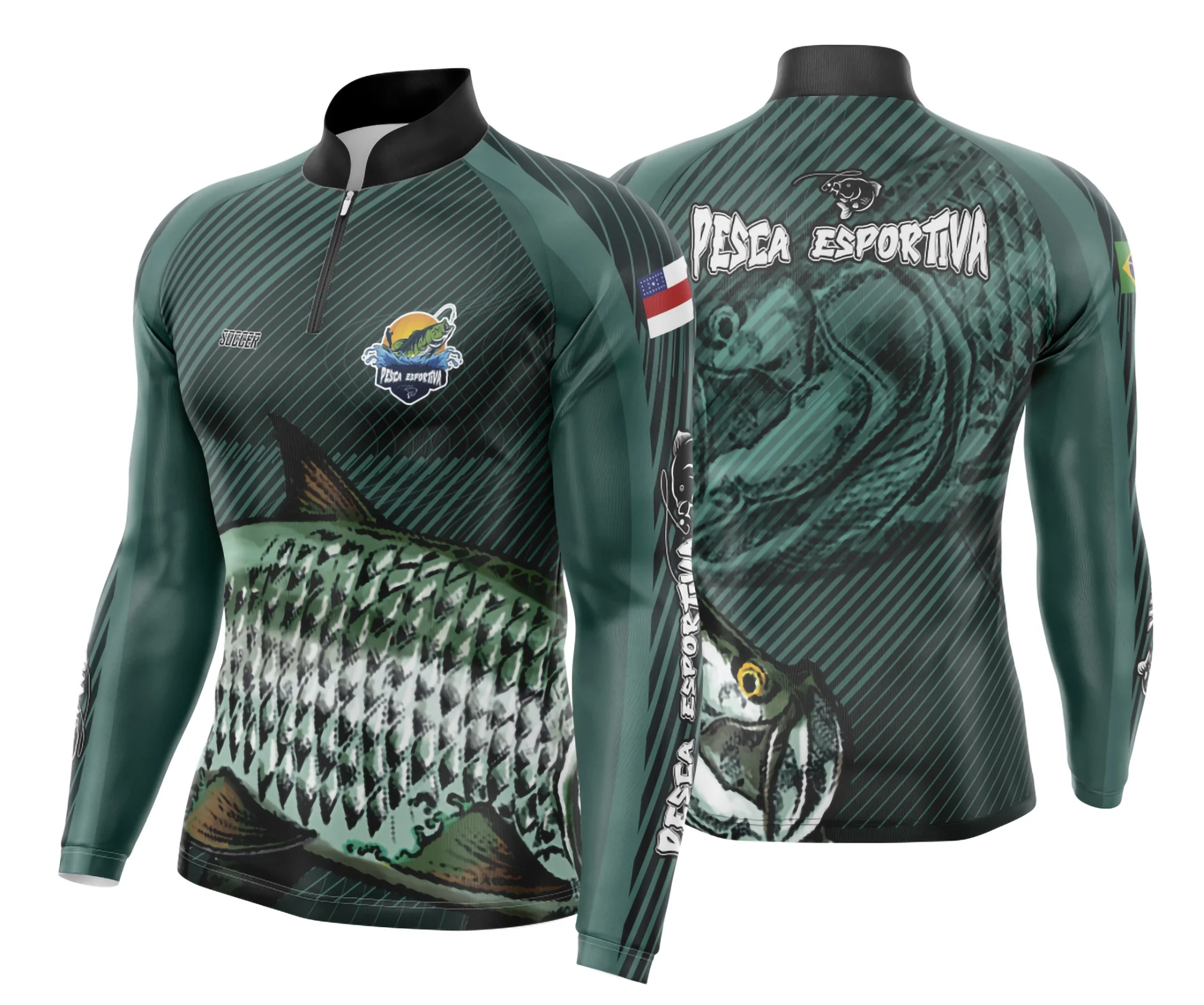 Foto de camiseta preta unissex com logo no peito e estampa grande nas costas exibindo design de pesca esportiva, ideal para fãs do esporte que buscam estilo e conforto.