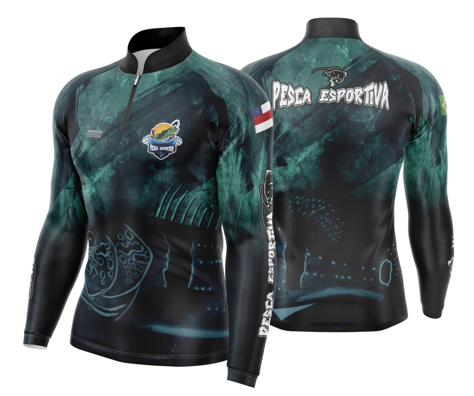 Camiseta unissex preta com logo no peito e estampa grande nas costas inspirada no tema Camisa de Pesca Esportiva Modelo 21, estilo moderno e confortável para praticar pesca.