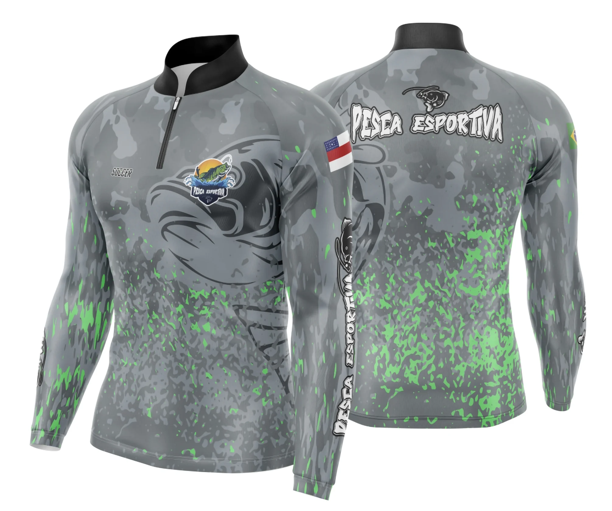 Camiseta unissex preta com logo no peito e estampa grande nas costas de pesca esportiva, ideal para quem ama aventura e estilo na natureza.