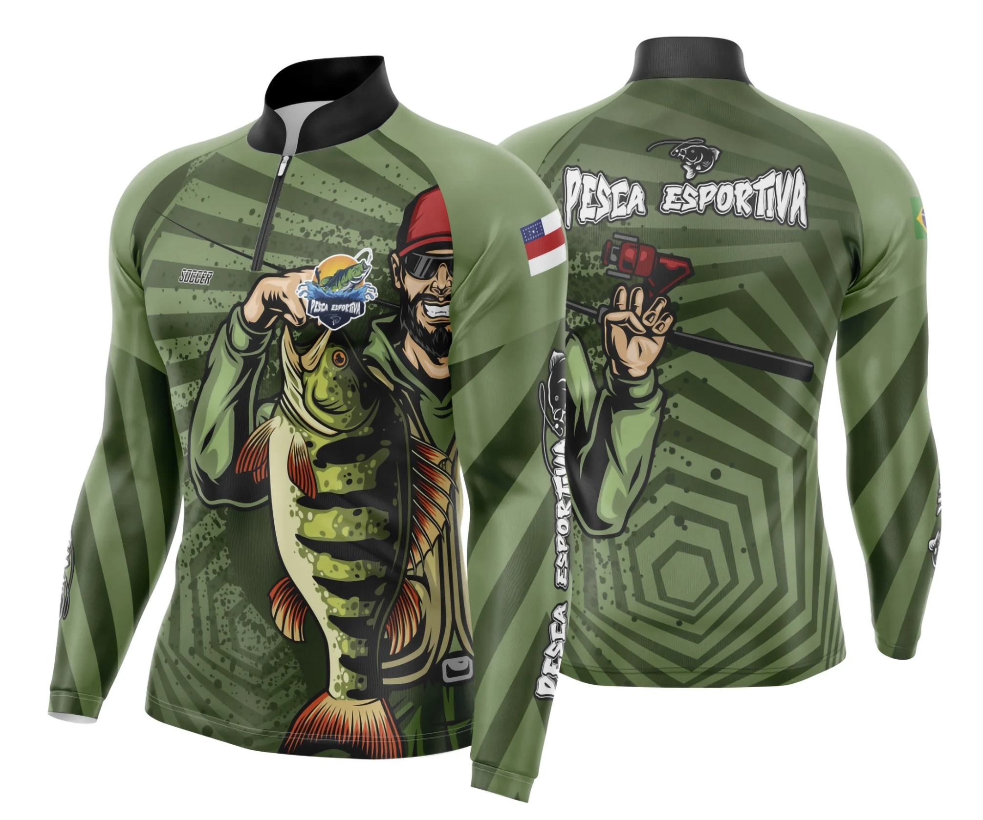 Foto de camiseta unissex preta com logo no peito e estampa grande nas costas de pesca esportiva modelo 33, perfeita para quem ama aventuras ao ar livre.