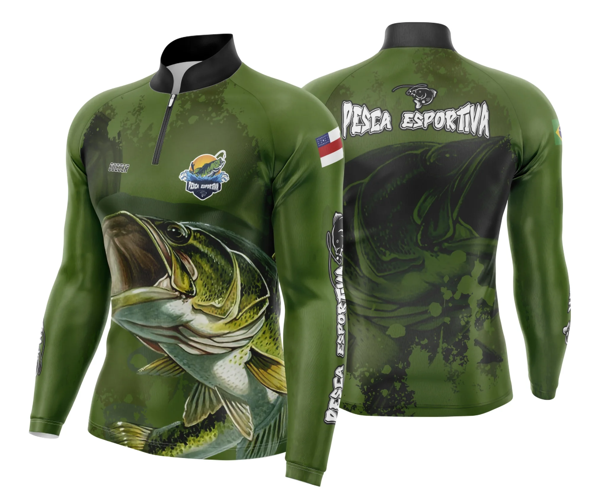 Camiseta unissex preta com logo no peito e estampa grande nas costas com tema pesca esportiva, modelo 35, perfeita para quem ama atividades ao ar livre.