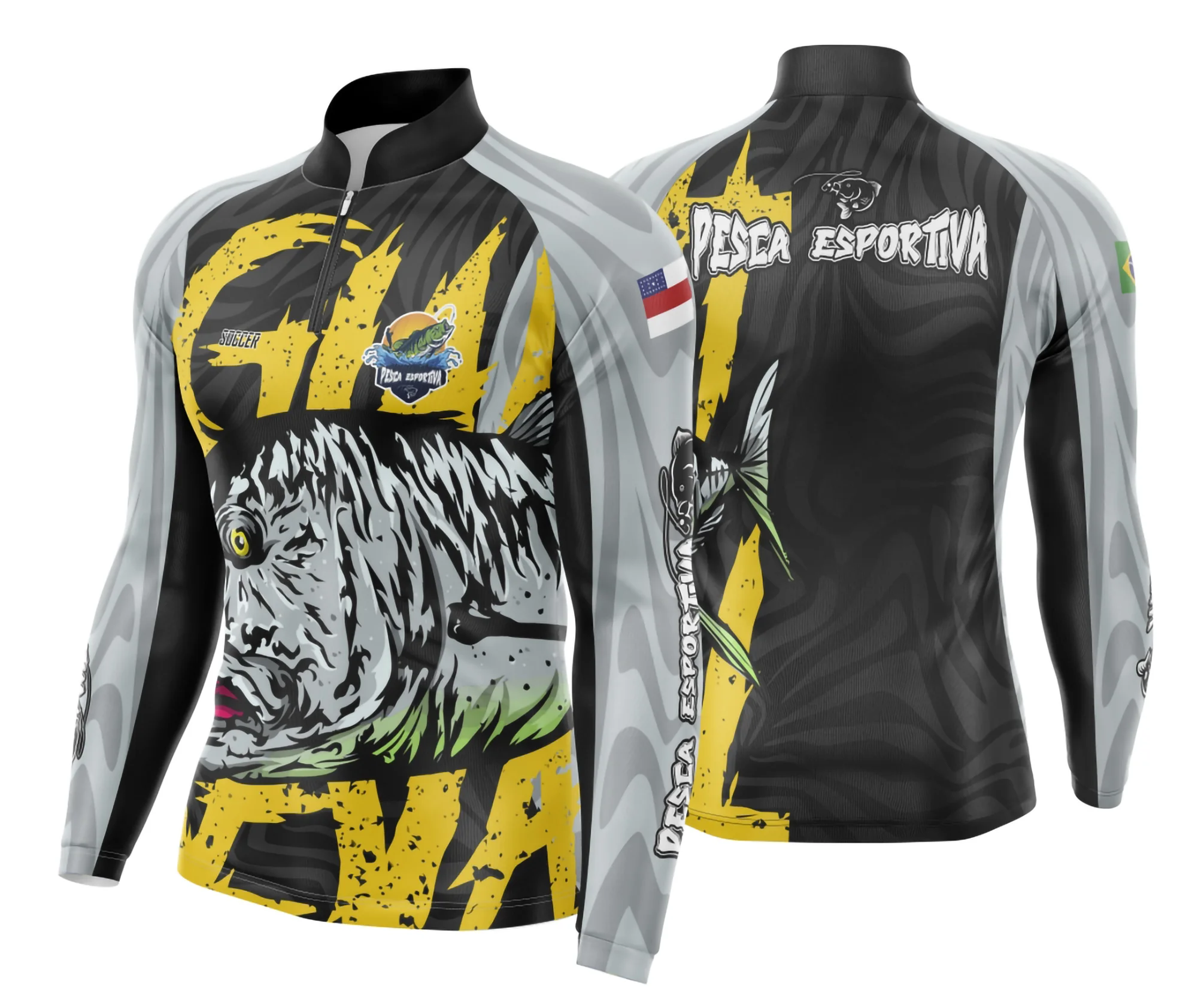 Camiseta unissex preta com logo no peito e estampa grande nas costas, tema pesca esportiva Modelo 42, ideal para quem ama atividades ao ar livre e esporte.