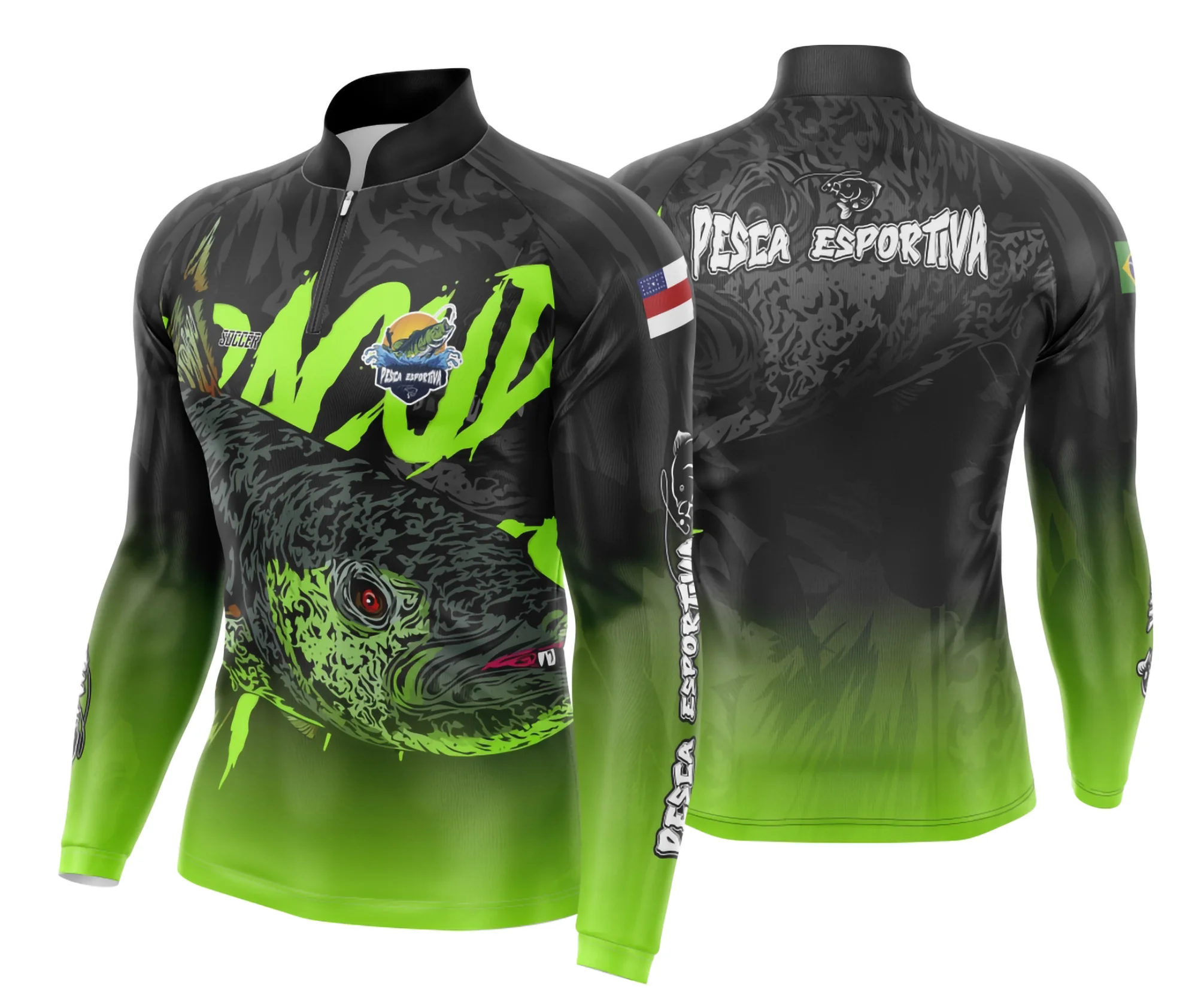 Camiseta unissex preta com logo no peito e estampa grande nas costas, tema Pesca Esportiva Modelo 44, perfeita para quem ama pescar com estilo e conforto.