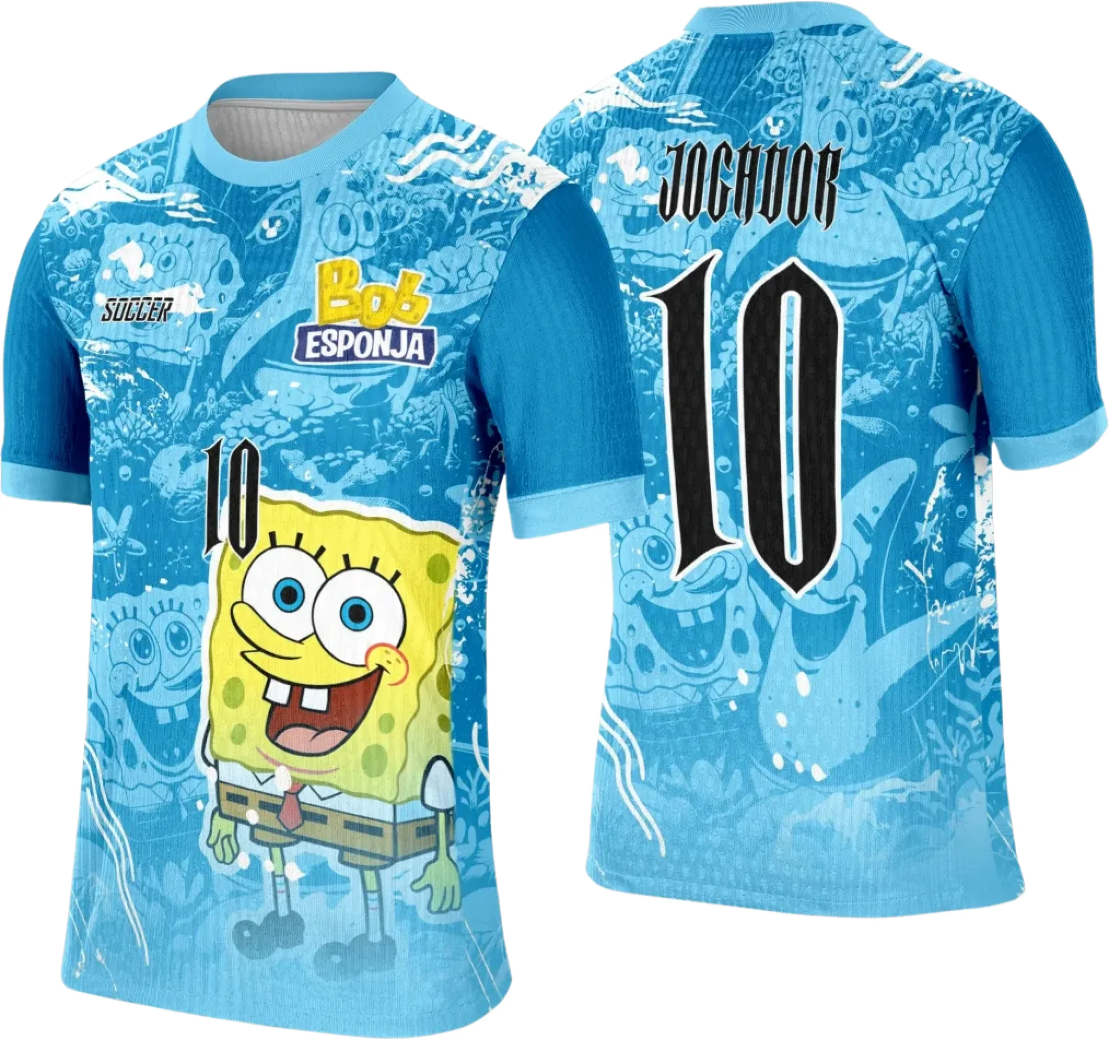 Camiseta unissex branca com logo no peito e estampa grande nas costas do tema Camisa Interclasse Bob Esponja 0068, ideal para quem ama diversão e estilo confortáveis