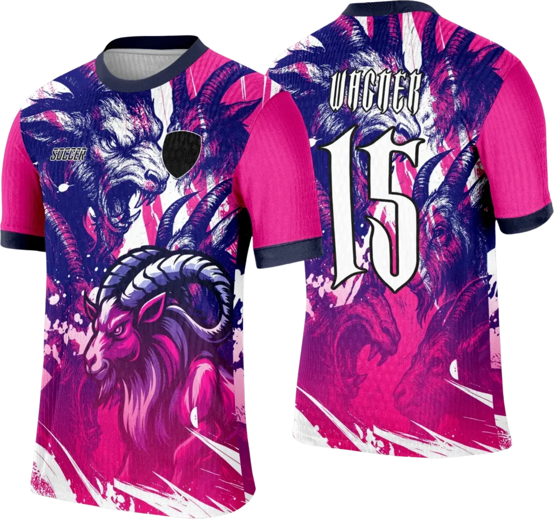 Camiseta unissex preta com logo no peito e estampa grande nas costas mostrando o tema interclasse cabra, design marcante e moderno para eventos escolares e esportivos.