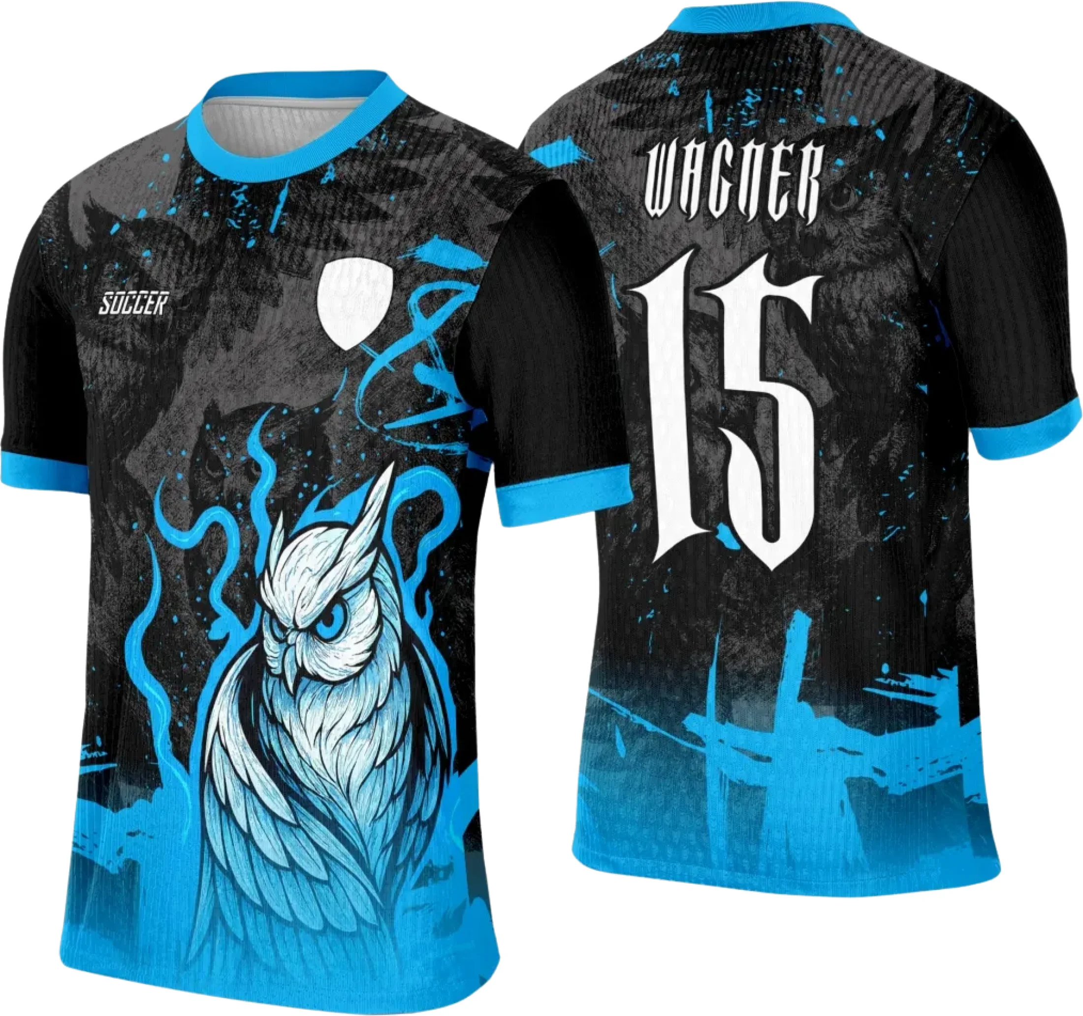 Camiseta unissex preta com logo no peito e estampa grande nas costas com tema de coruja e interclasse, perfeita para eventos escolares ou esportivos.