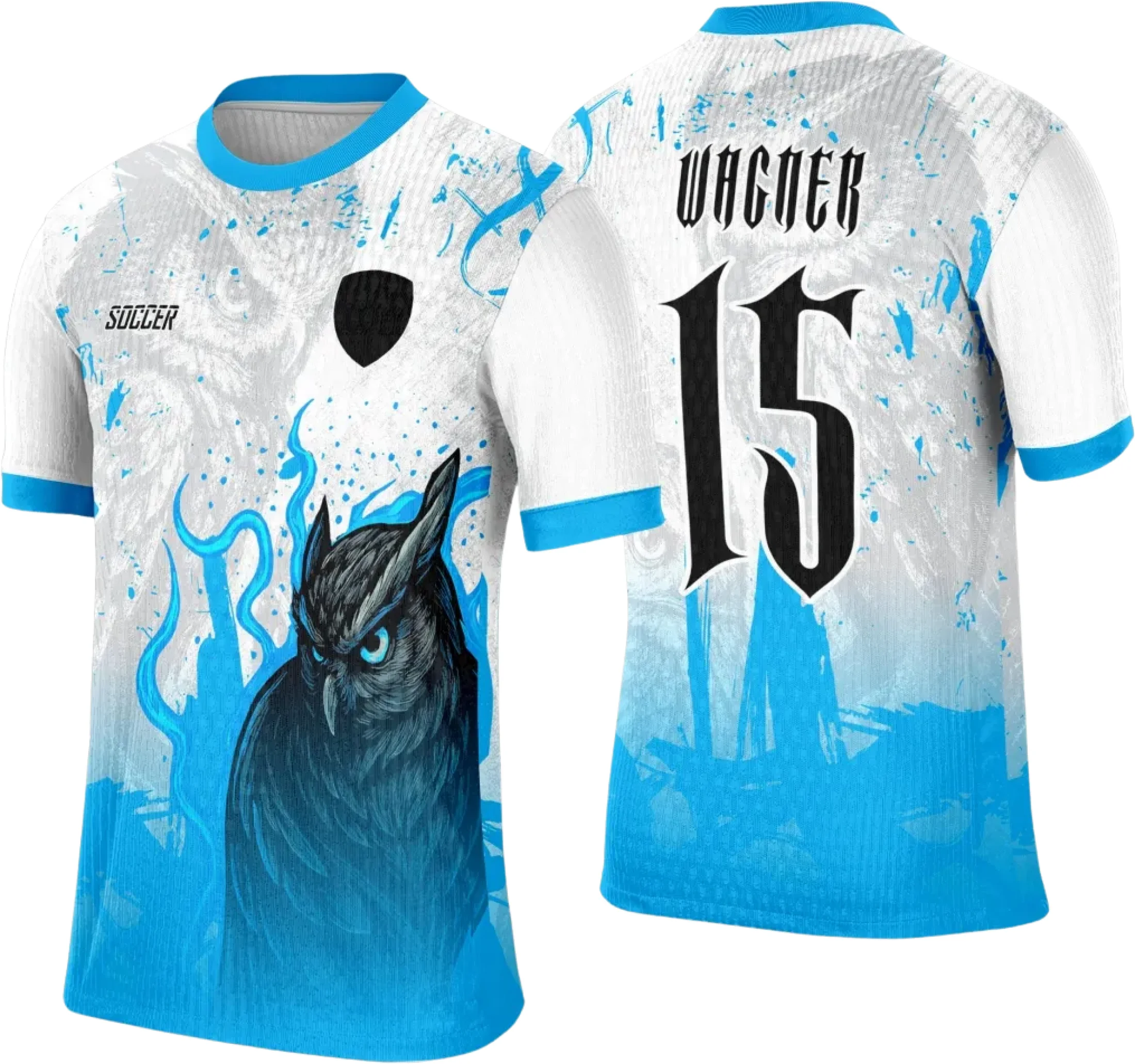 Camiseta unissex preta com logo no peito e estampa grande nas costas de coruja estilizada para Interclasse, com design moderno e impactante.