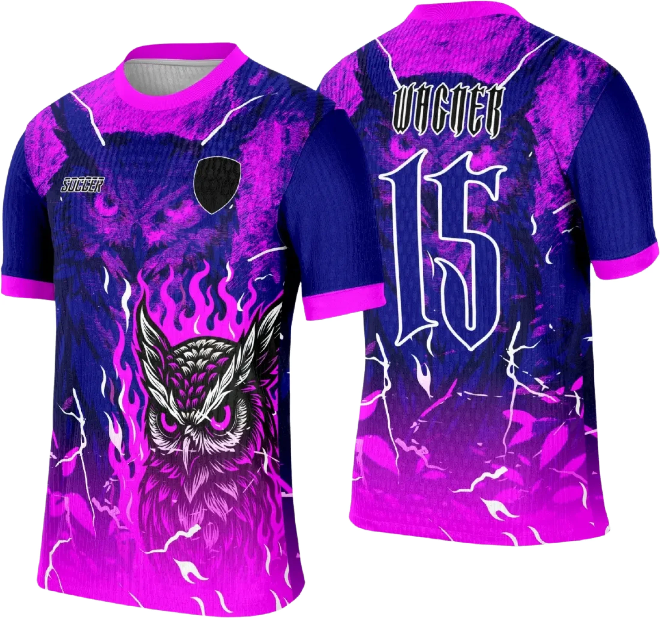 Camiseta preta unissex com logo no peito e estampa grande nas costas mostrando coruja estilizada com tema interclasse, ideal para eventos e times escolares.