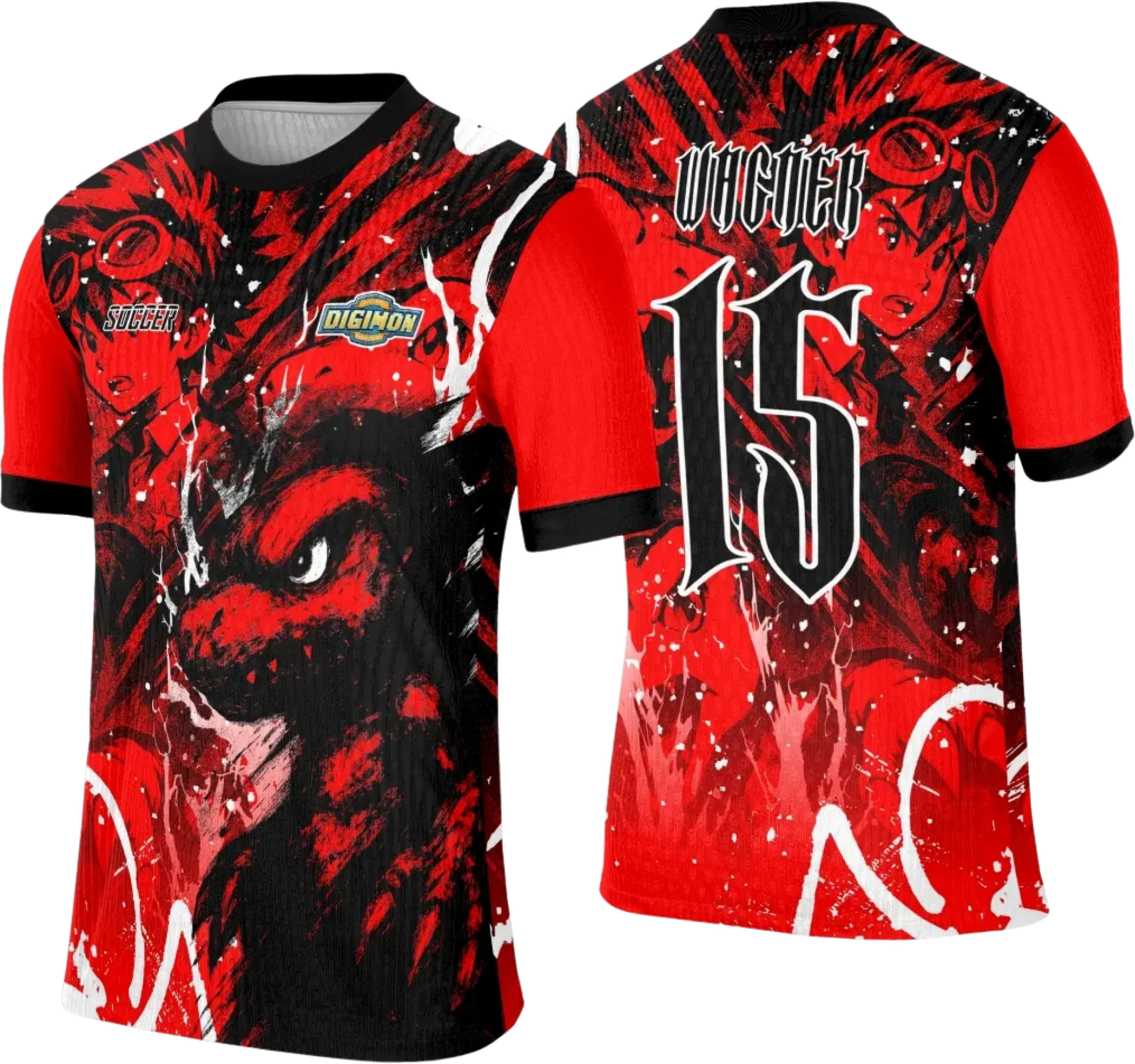 Camiseta unissex com cor base preta, com logo no peito e estampa grande nas costas apresentando design inspirado em Digimon para eventos interclasse.