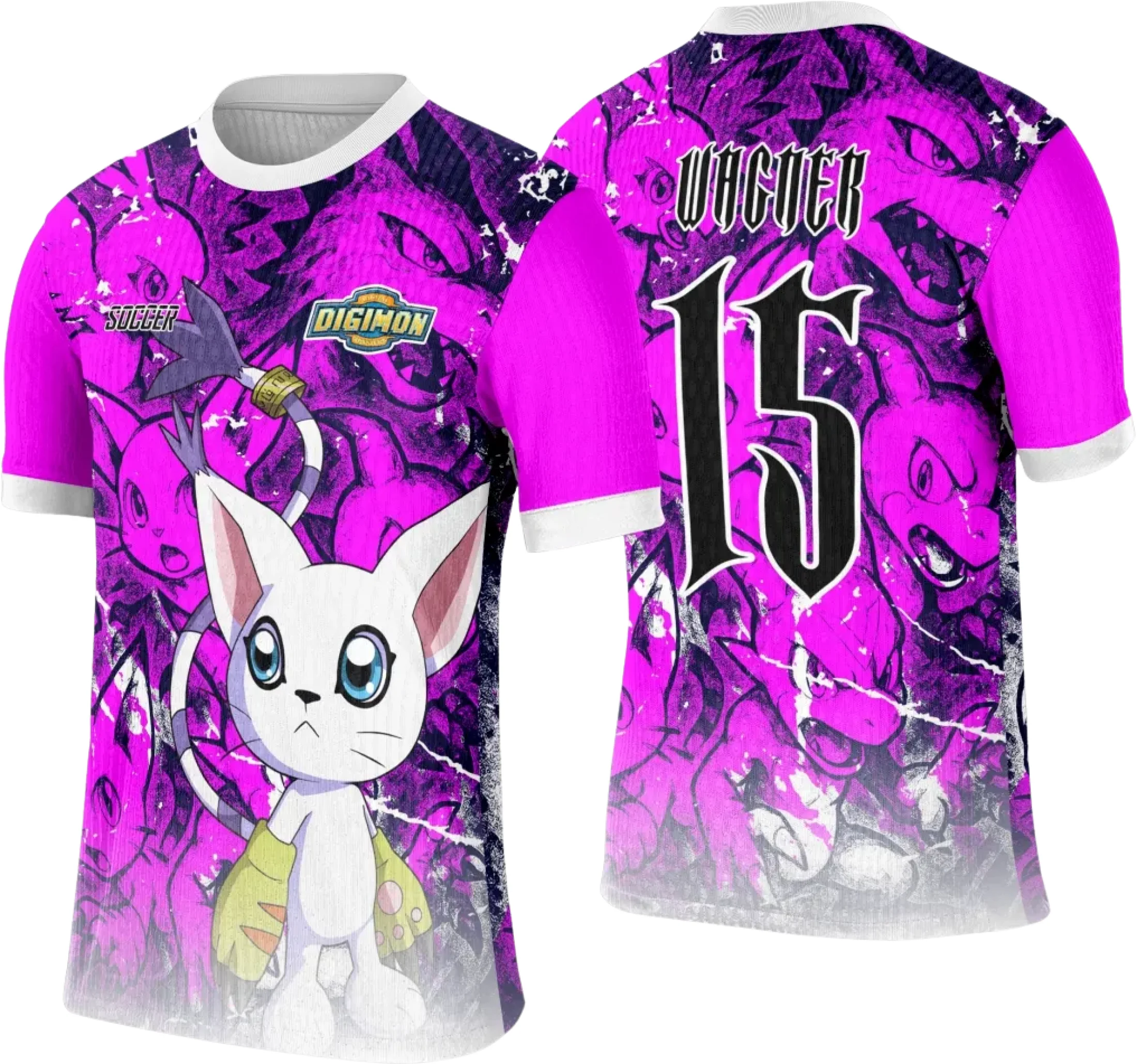 Camiseta unissex preta com logo no peito e estampa grande nas costas, tema Template Camisa Interclasse Digimon, perfeita para fãs e eventos.