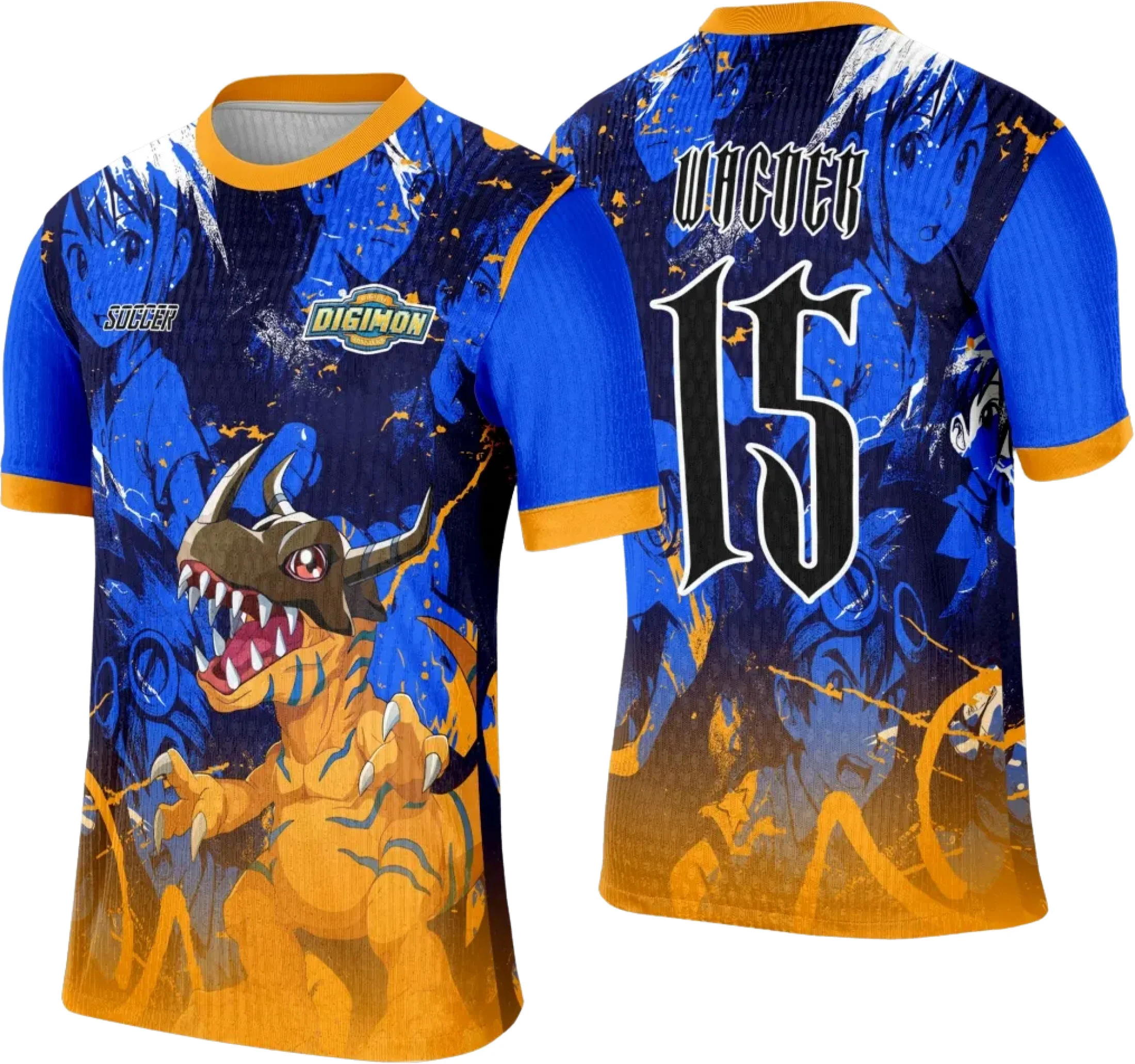 Camiseta unissex preta com logo no peito e estampa grande nas costas inspirada no tema Template Camisa Interclasse Digimon 0055, perfeita para fãs do universo Digimon.