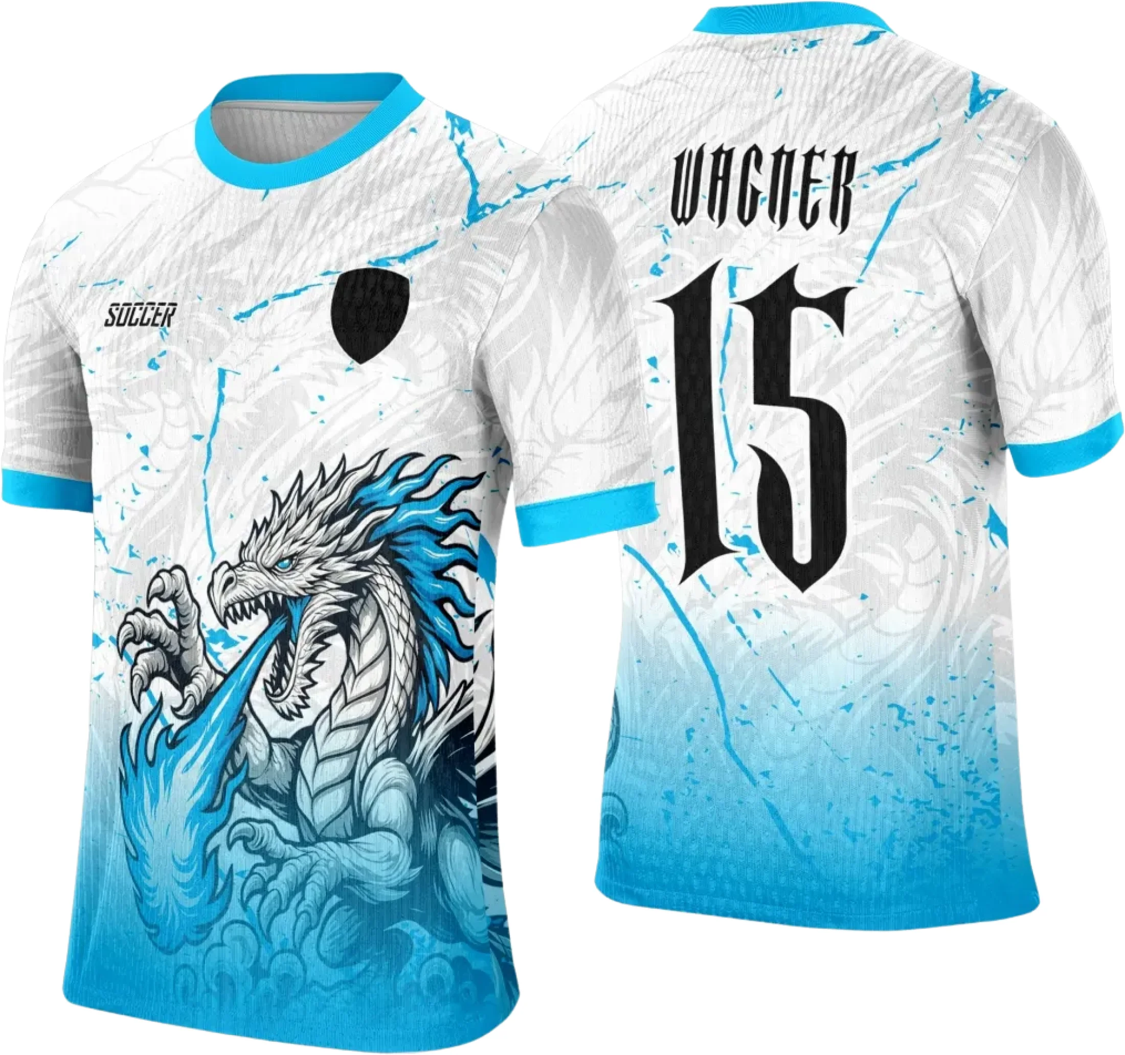 Camiseta unissex preta com logo no peito e estampa grande nas costas destacando dragão branco em fogo azul, design vibrante e marcante para fãs de temas de poder e misticismo.