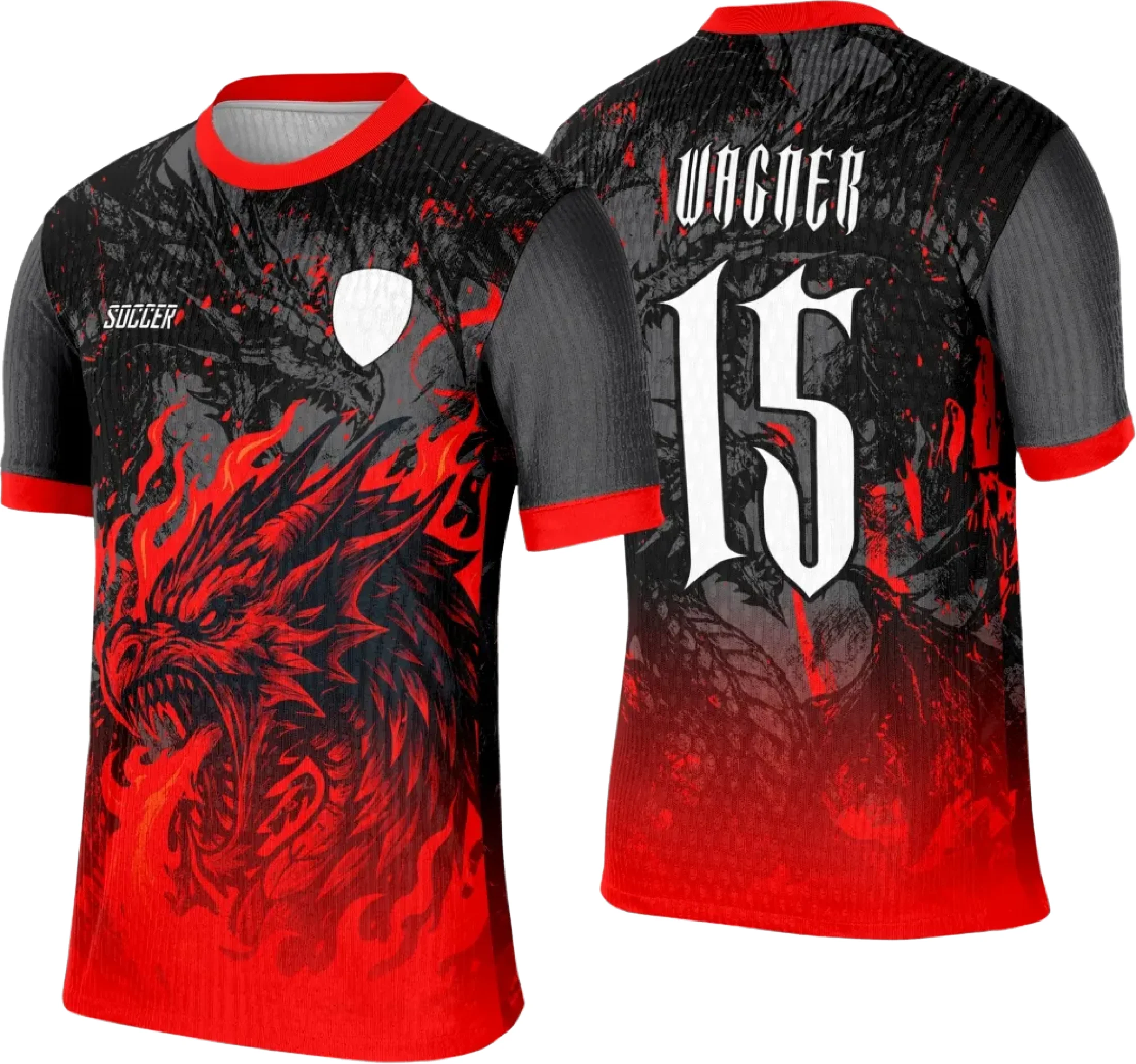Camiseta unissex preta com logo no peito e estampa grande nas costas de um dragão vermelho para eventos Interclasse, ideal para turmas e times esportivos.