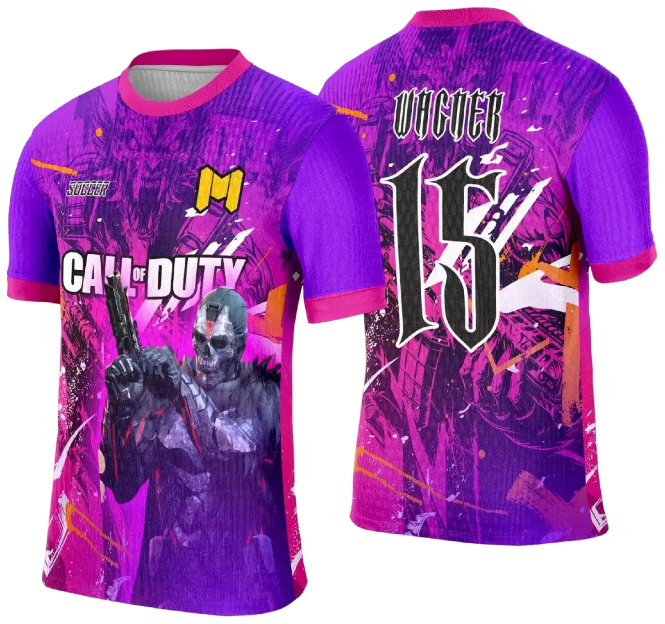 Camiseta unissex preta com logo no peito e estampa grande nas costas do tema Interclasse Game Call of Duty, ideal para fãs do jogo, com design marcante e moderno.