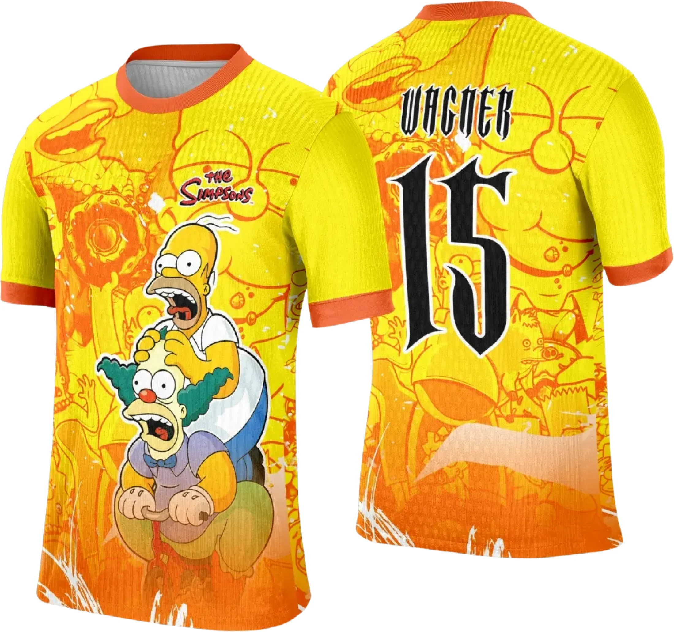 Camiseta unissex preta com logo no peito e estampa grande nas costas, inspirada no tema Interclasse Homer Simpson, ideal para fãs do personagem e eventos interclasse.