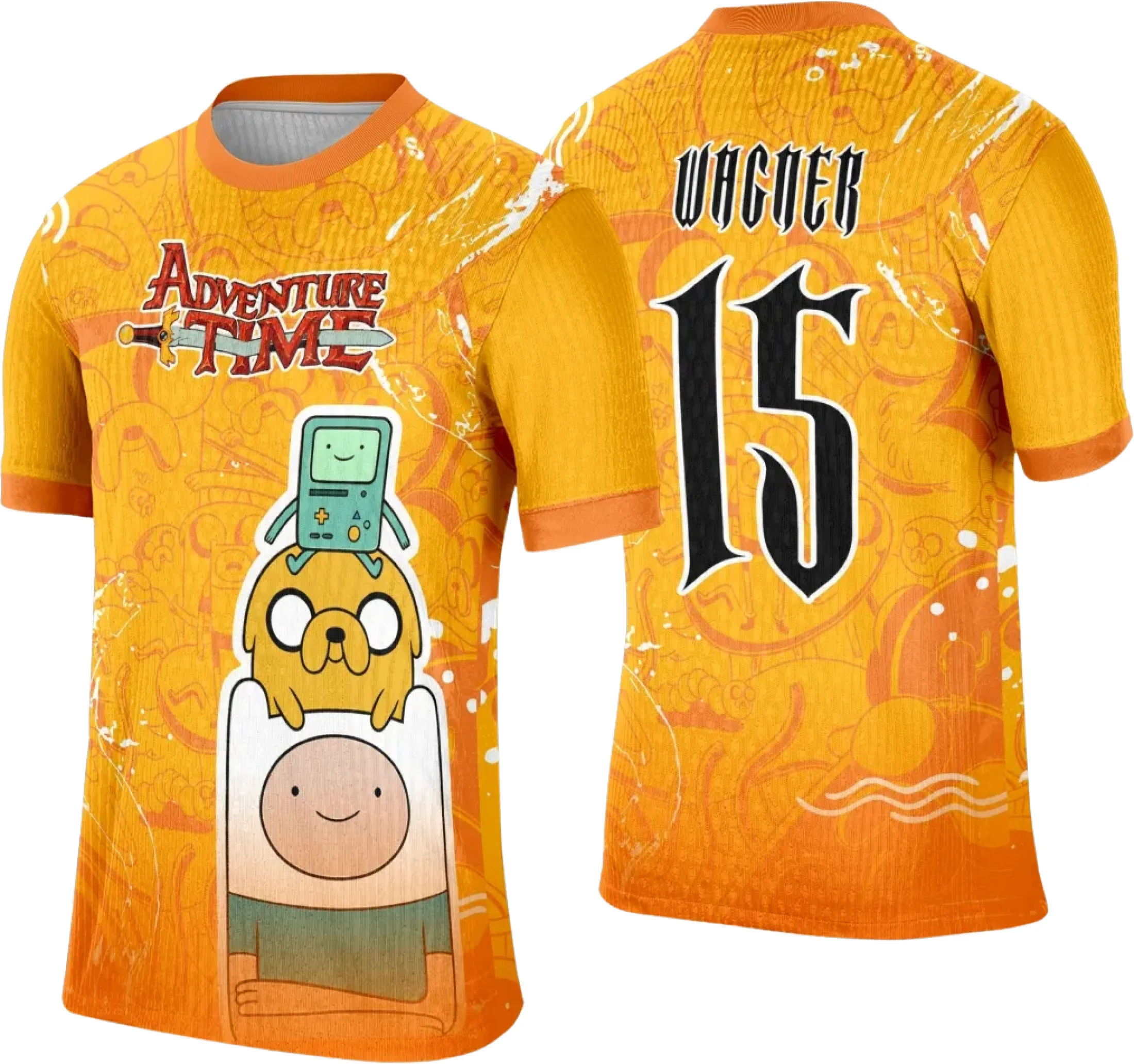 Camiseta unissex preta com logo no peito e estampa grande nas costas mostrando personagem Hora de Aventura, ideal para eventos Interclasse.