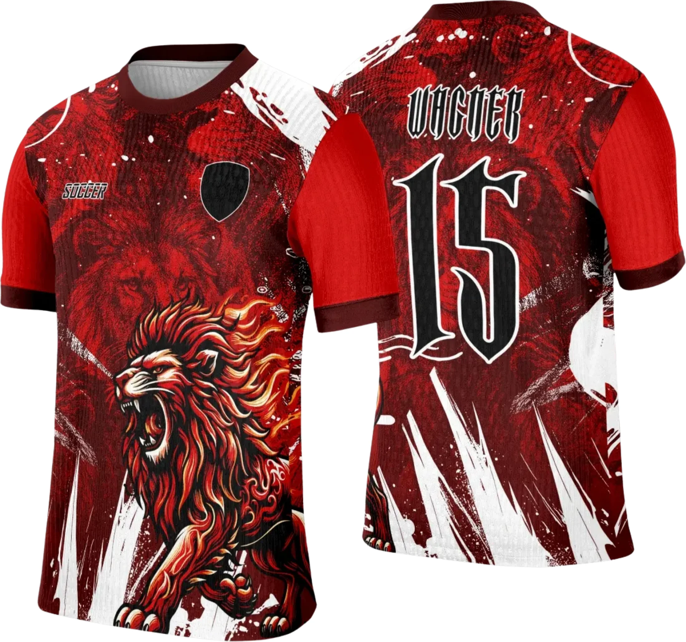 Foto de camiseta unissex preta com logo no peito e estampa grande nas costas mostrando um leão vermelho vibrante, ideal para turma interclasse.