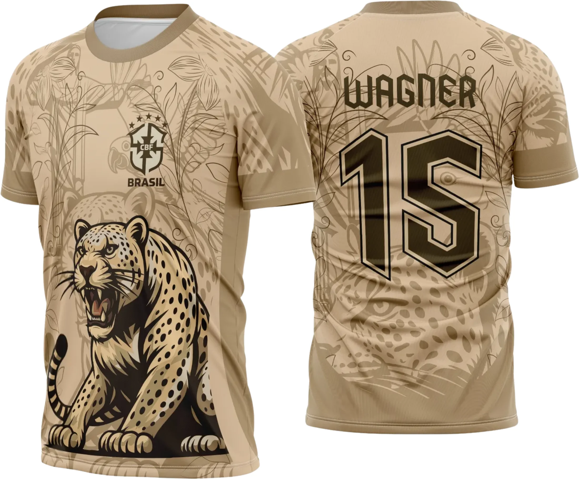 Camiseta unissex bege com logo no peito e estampa grande nas costas, inspirada no tema Interclasse Onça Brasil 2025, perfeita para eventos escolares e esportivos.