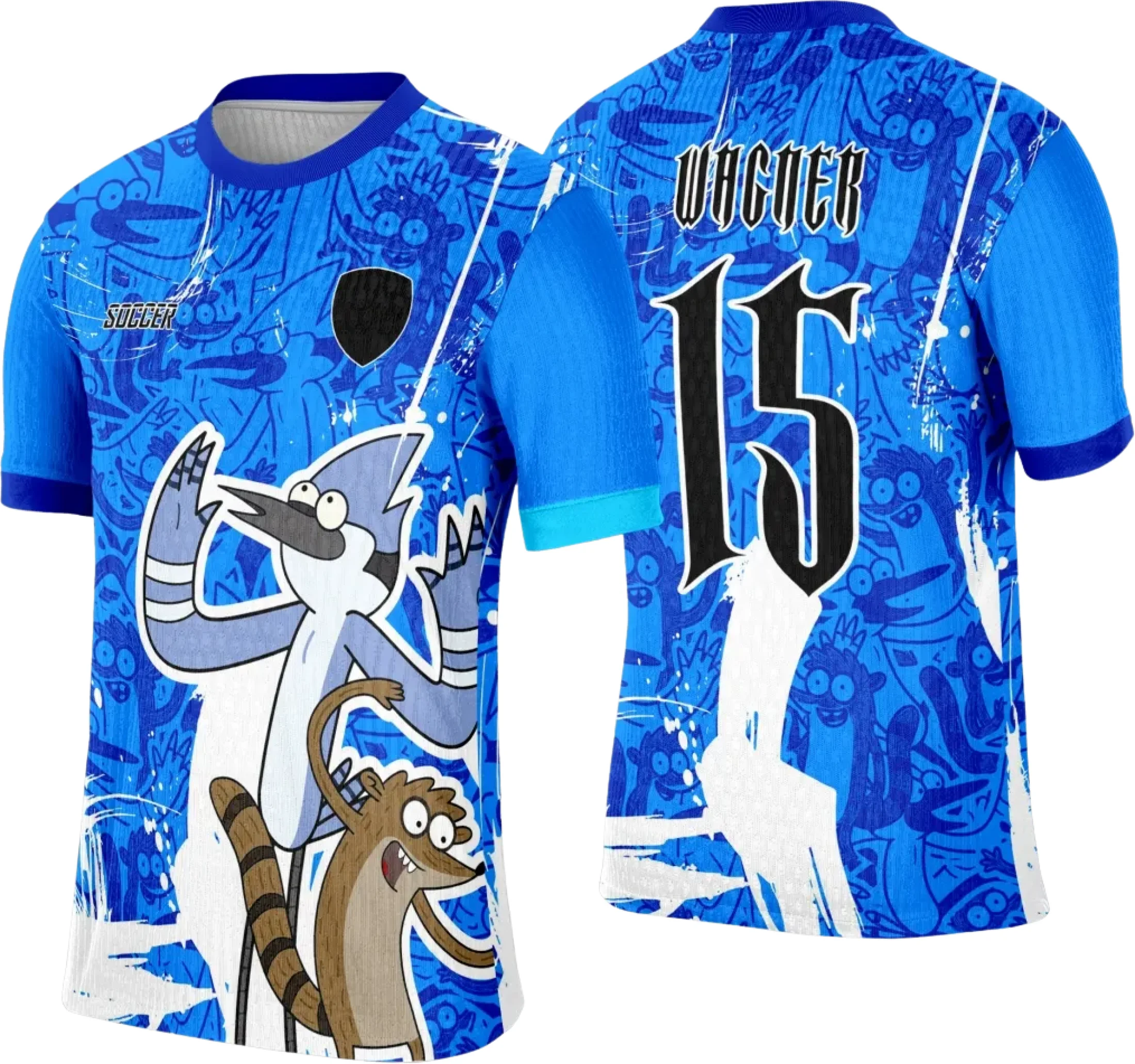 Camiseta unissex preta com logo no peito e estampa grande nas costas mostrando personagens do Interclasse Regular Show, ideal para eventos e uso casual.