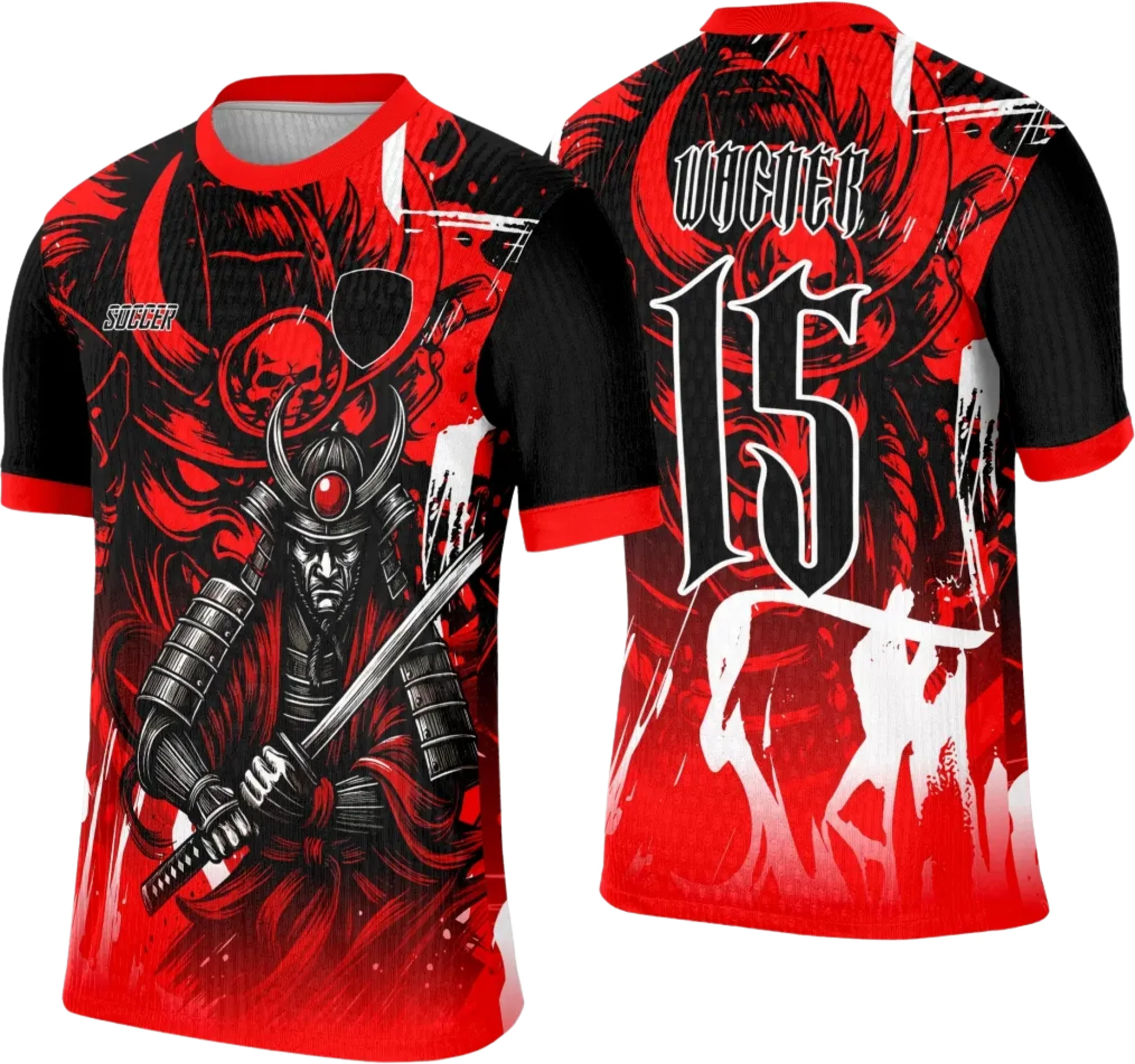 Camiseta unissex preta com logo no peito e estampa grande nas costas com tema Interclasse Samurai, ideal para quem busca estilo e autenticidade.