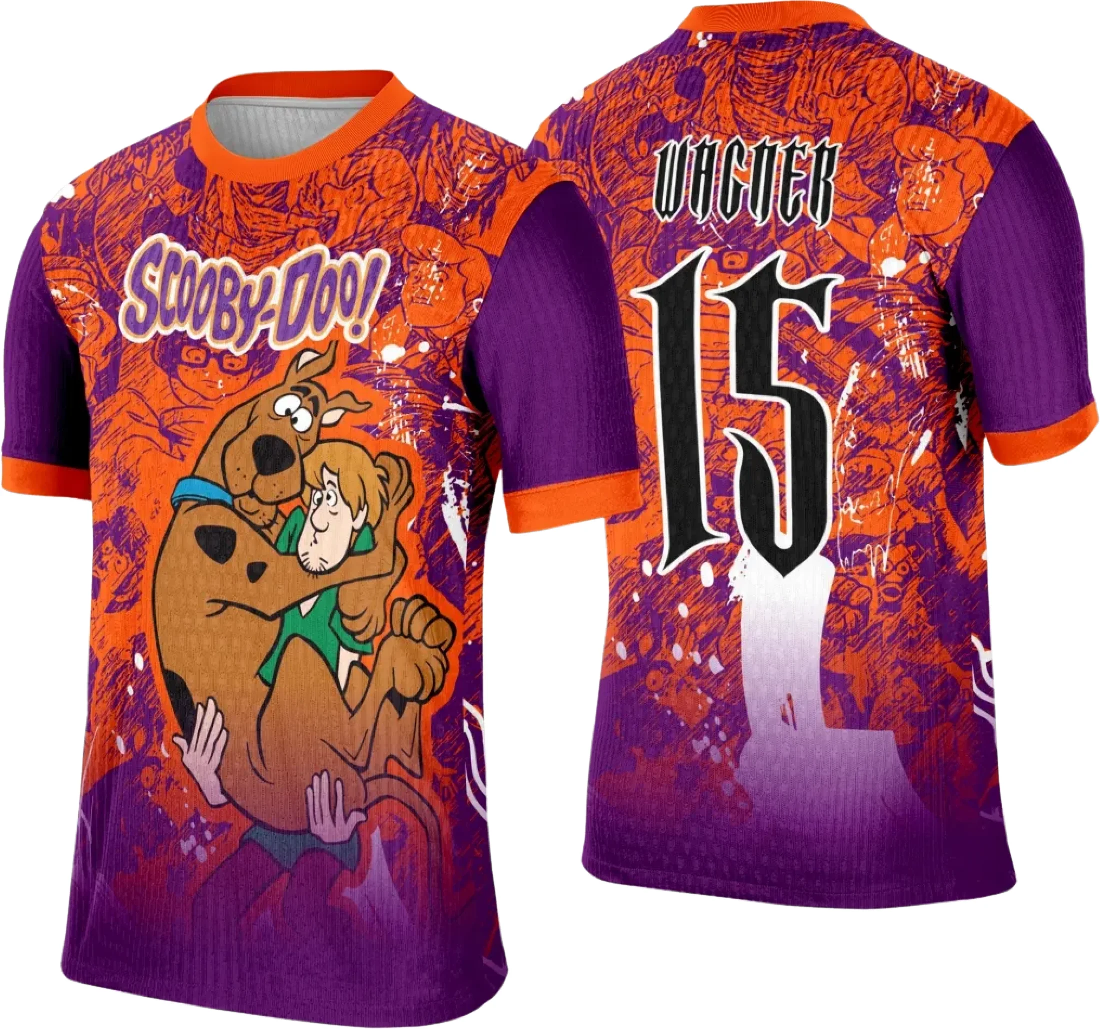 Camiseta unissex preta com logo no peito e estampa grande nas costas baseada no Template Camisa Interclasse Scooby-Doo-0030, ideal para fãs e eventos interclasse.