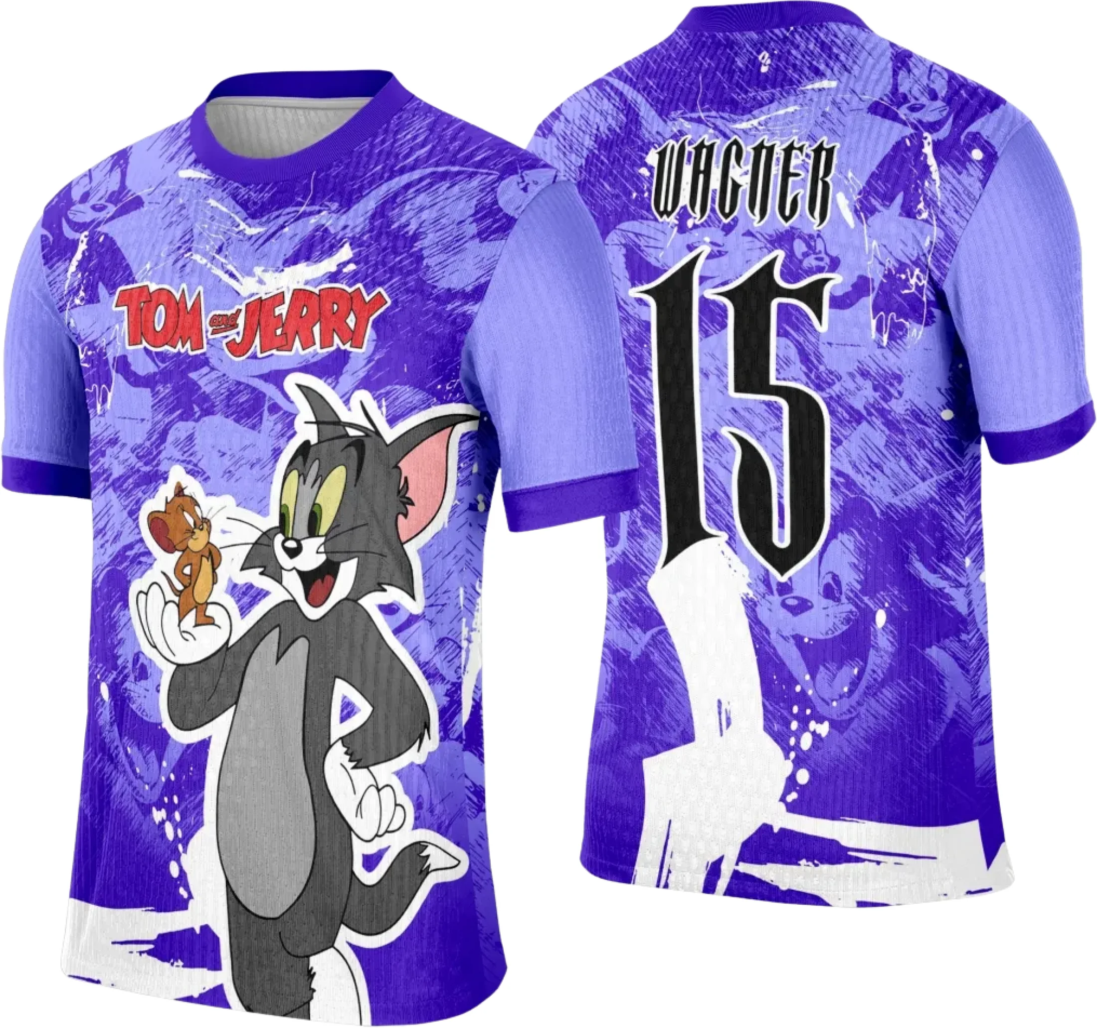 Camiseta unissex preta com logo no peito e estampa grande nas costas do Tom e Jerry em estilo Interclasse, perfeita para fãs da dupla clássica.