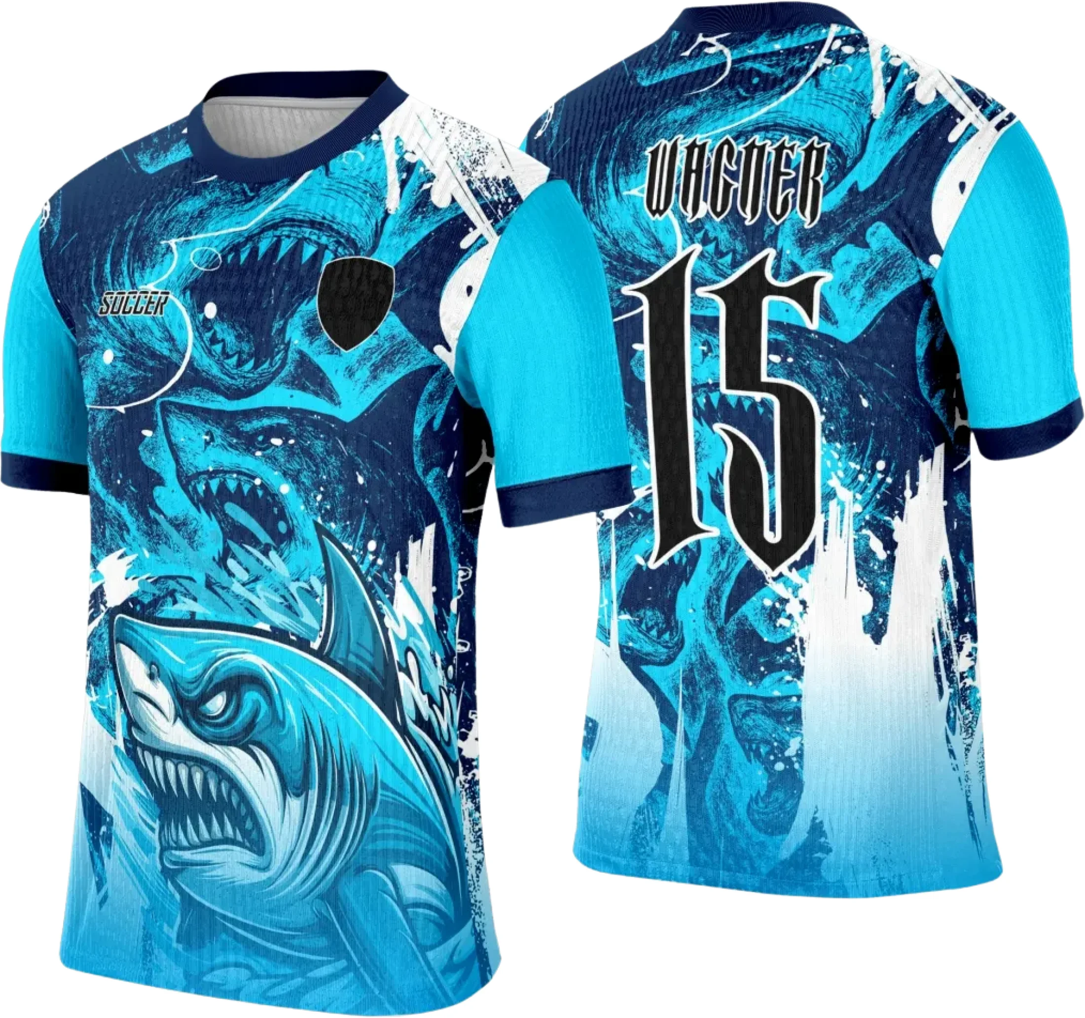 Camiseta unissex preta com logo no peito e estampa grande nas costas de tubarão azul, perfeita para eventos escolares ou esportivos interclasses.