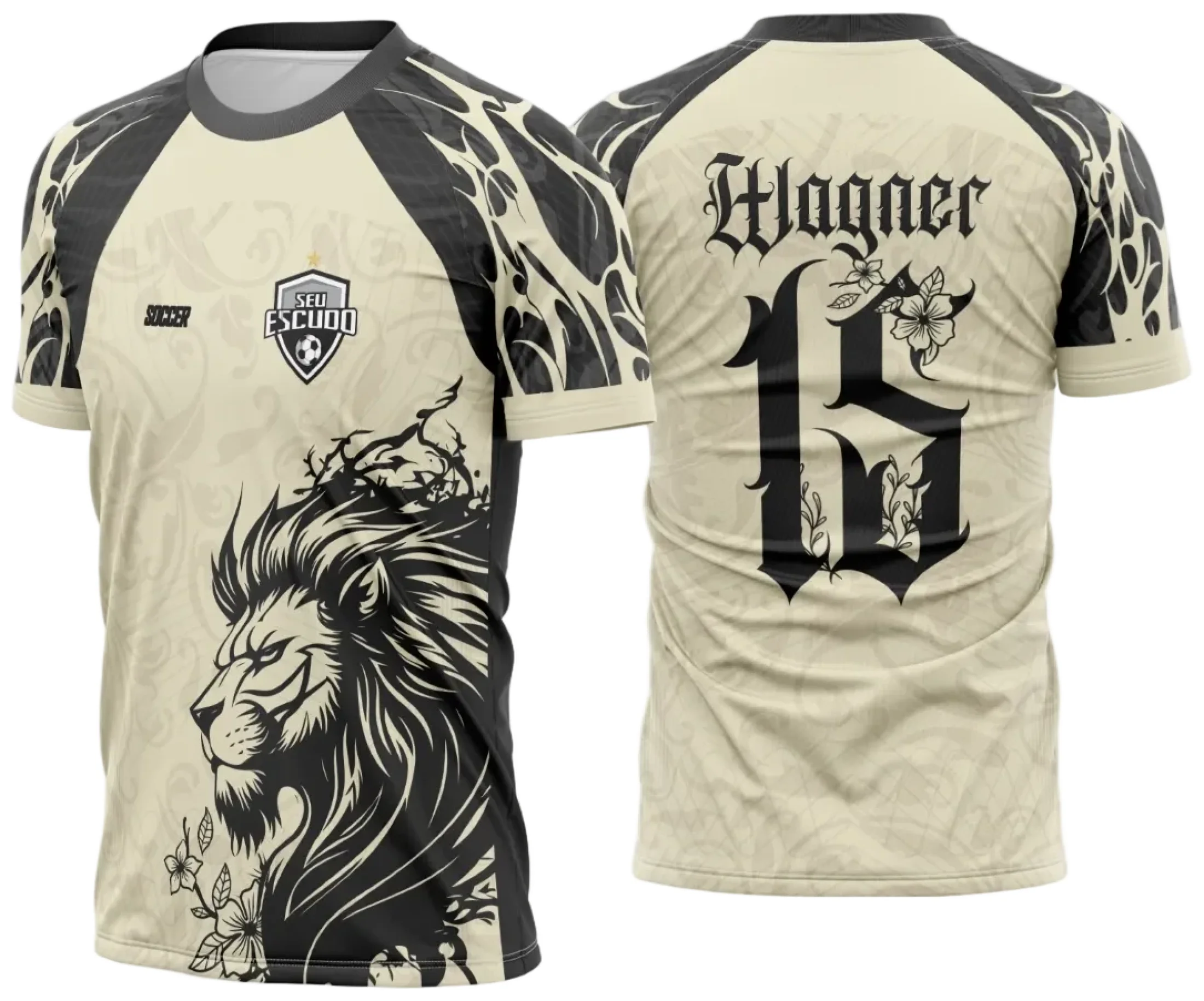 Camiseta unissex preta com logo no peito e estampa grande nas costas representando um leão na selva em estilo imponente e vibrante.