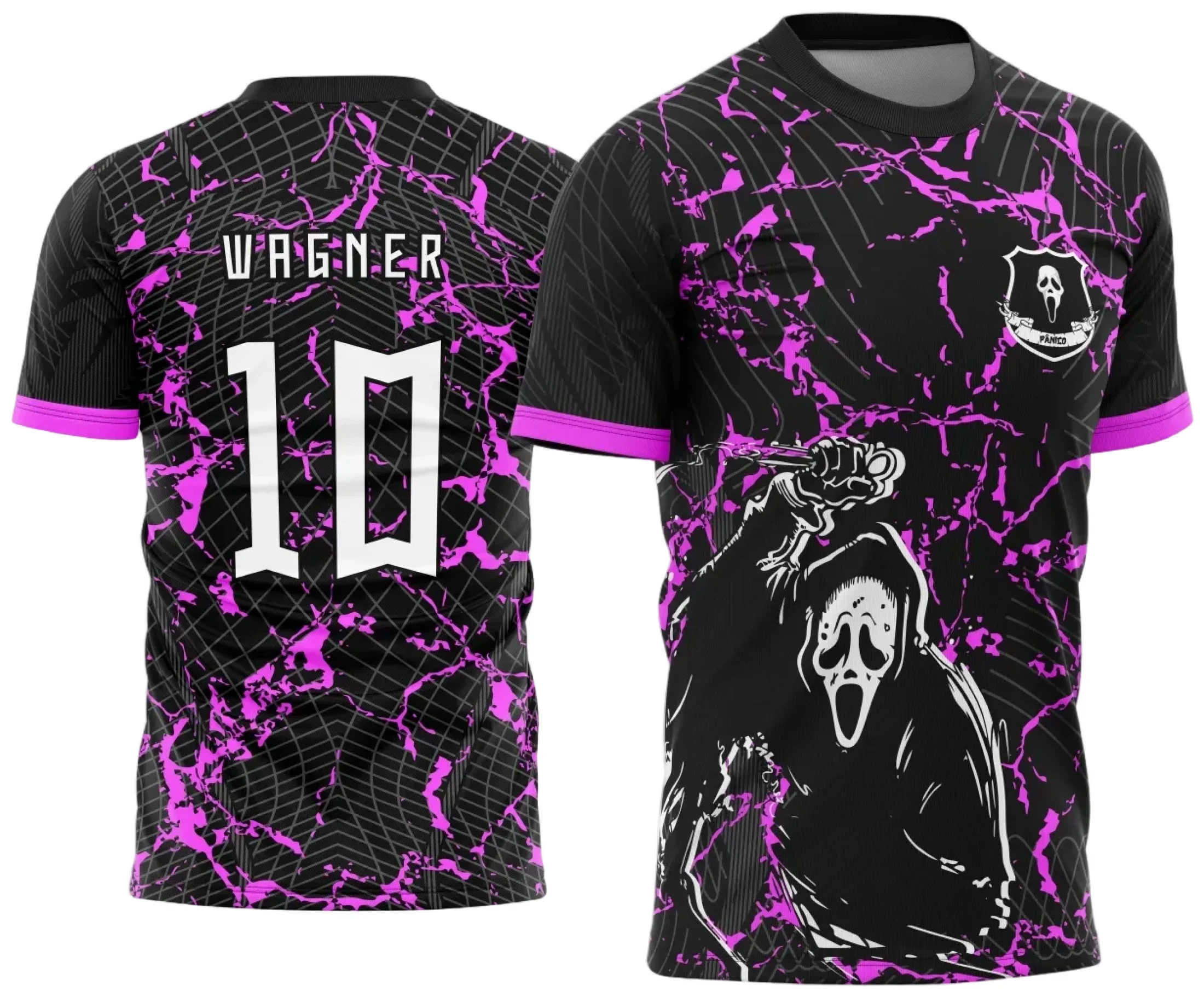 Camiseta unissex preta com logo no peito e estampa grande nas costas, tema Interclasse Pânico 2025, perfeita para eventos escolares e turmas.