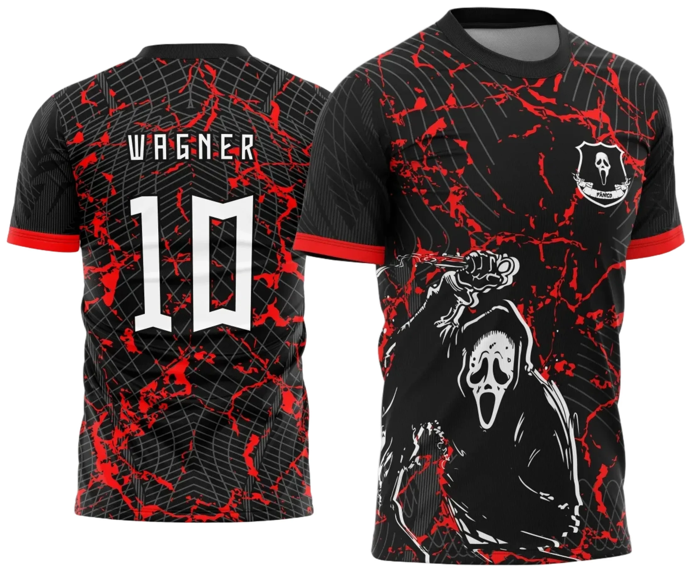 Camiseta unissex preta com logo no peito e estampa grande nas costas, inspirada no tema Interclasse Pânico 2025, design moderno e impactante para eventos e turmas.