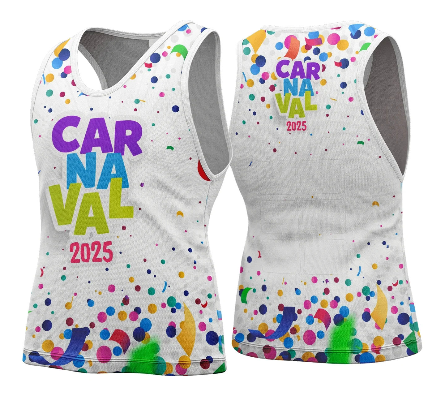 Camiseta unissex branca com logo no peito e estampa grande nas costas com tema Abadá Carnaval 2026 Modelo 110, ideal para celebrar festas com estilo e conforto.